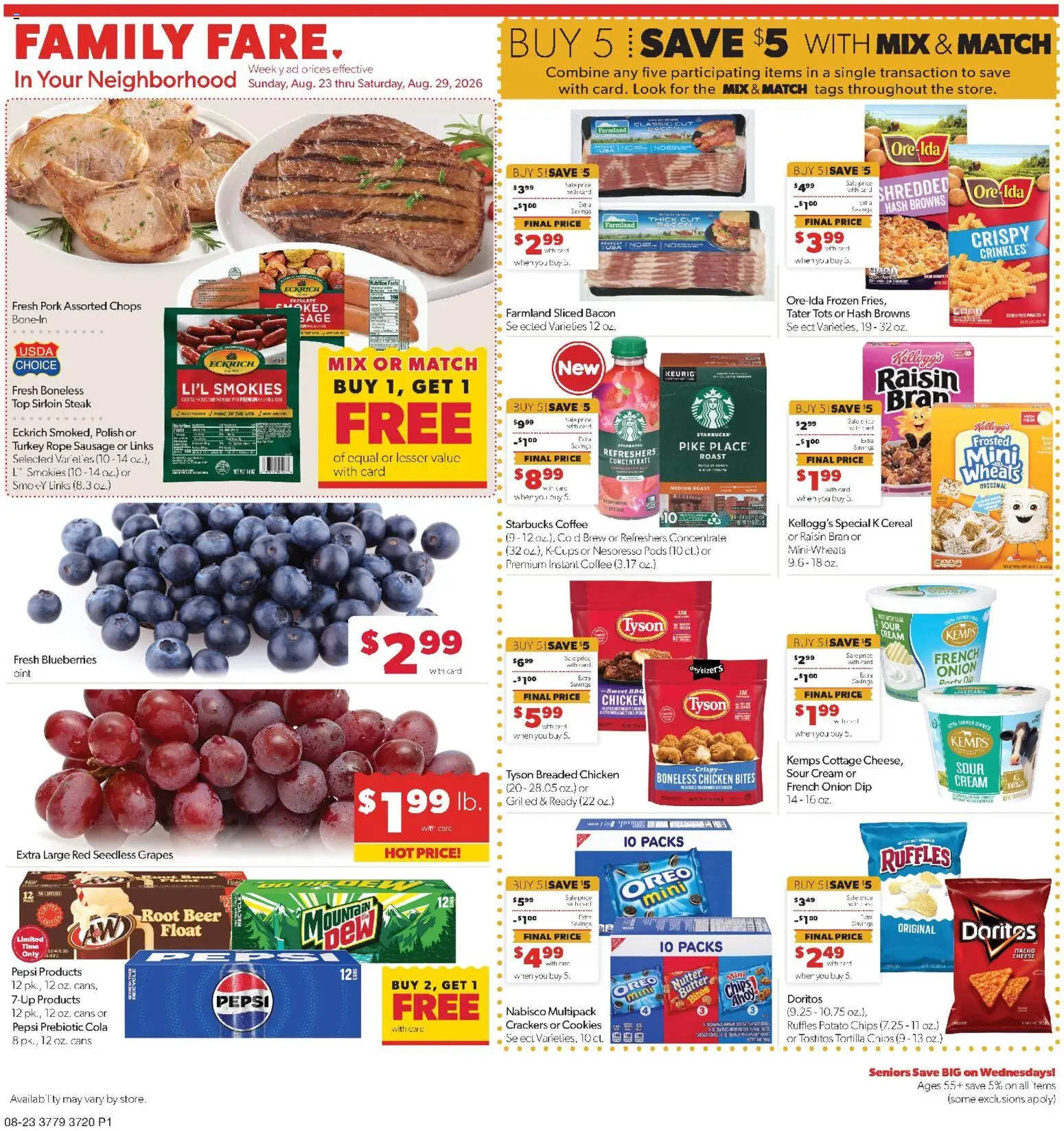 Family Fare Weekly Ad - IA - valid from 08/23/2026 | Page: 1 | Products: Potato chips, Coffee, Bacon, Grapes
