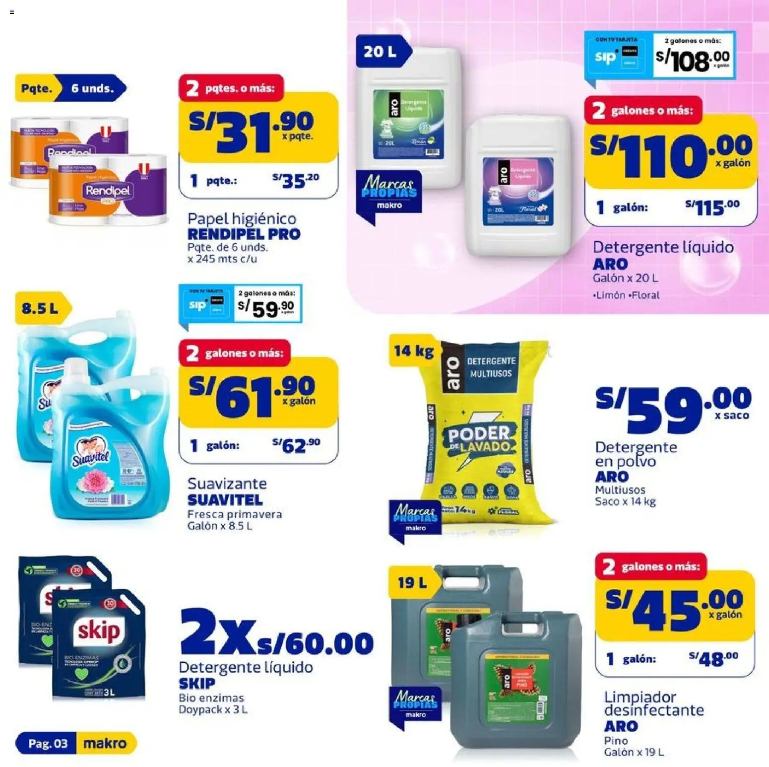 Catálogo Makro válido desde 13/08/2026 | Página: 3 | Productos: Papel higiénico, Detergente líquido, Saco, Polvo