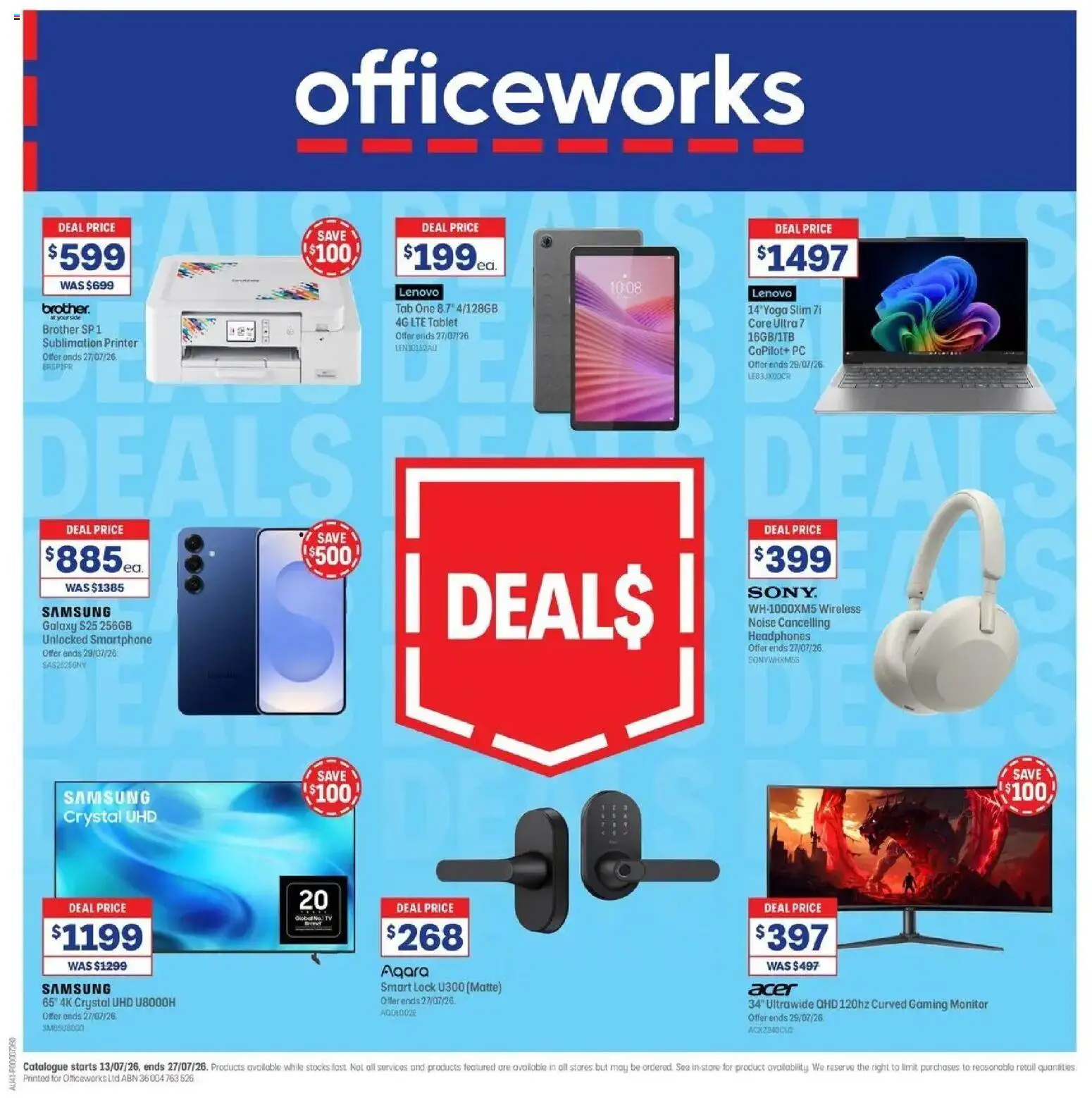 Officeworks catalogue - valid from 12/07/2026 | Page: 1 | Products: Monitor, Pc, Printer, Headphones