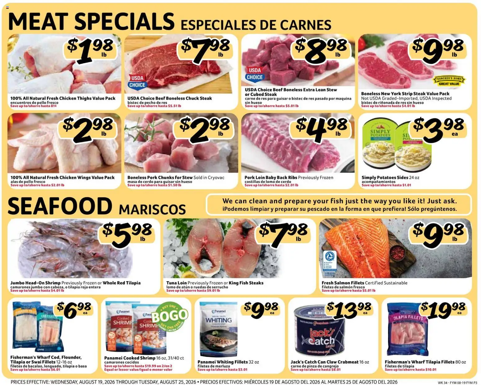 Fresco y Más Weekly Ad - valid from 08/19/2026 | Page: 3 | Products: Pork loin, Beef, Tuna, Fresh salmon