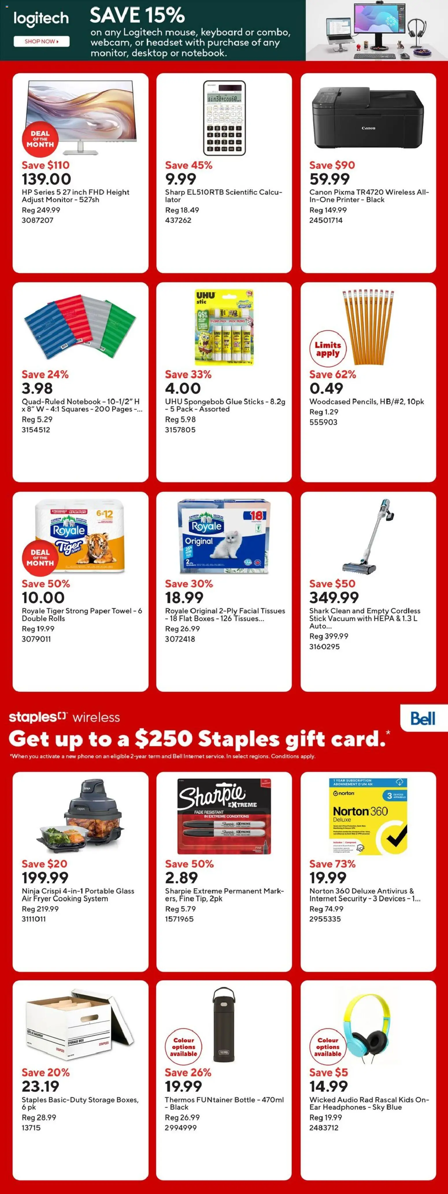 Staples flyer valid from Sep 4, 2026 | Page: 3 | Products: Monitor, Printer, Audio, Tissues