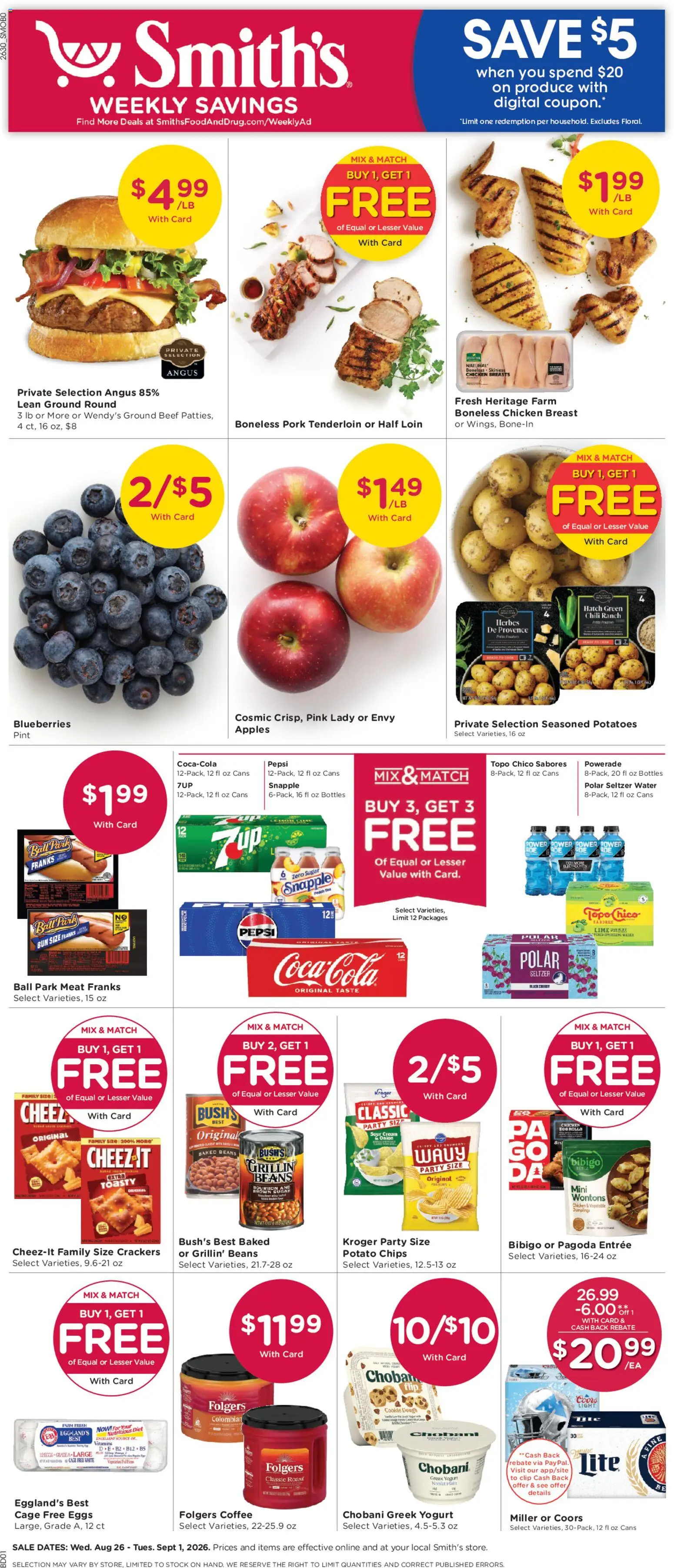 Smith's Weekly Ad - valid from 08/26/2026 | Page: 1 | Products: Beef, Water, Dough, Onion