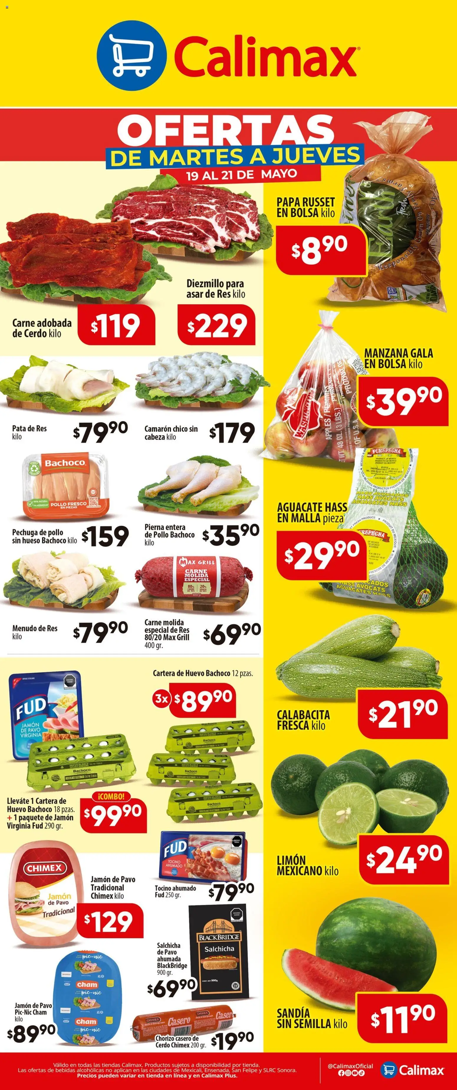Nuevas ofertas de Calimax válidas en toda la República Mexicana desde el 19.05.2026. ¡Encuentra las mejores ofertas en Calimax folleto! | Página: 1 | Productos: Papa, Salchicha, Bolsa, Huevo