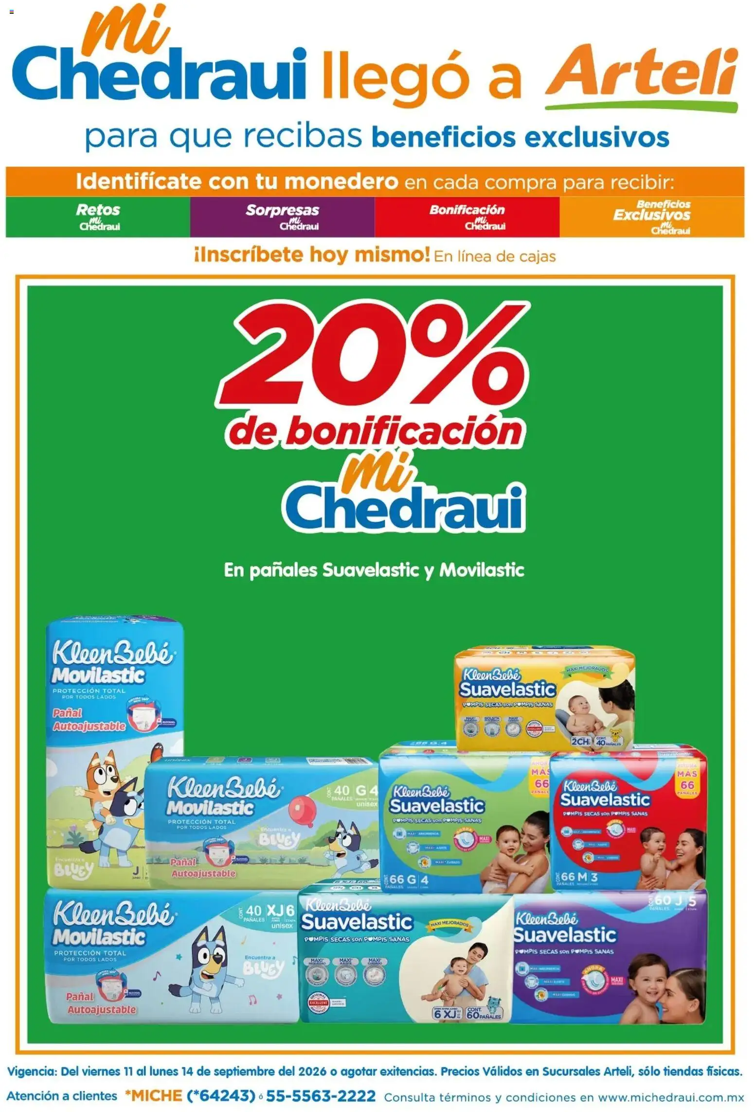 Nuevas ofertas de Arteli válidas en toda la República Mexicana desde el 11/09/2026. ¡Encuentra las mejores ofertas en Arteli folleto Mi Chedraui llegó! | Página: 1 | Productos: Monedero, Pañales