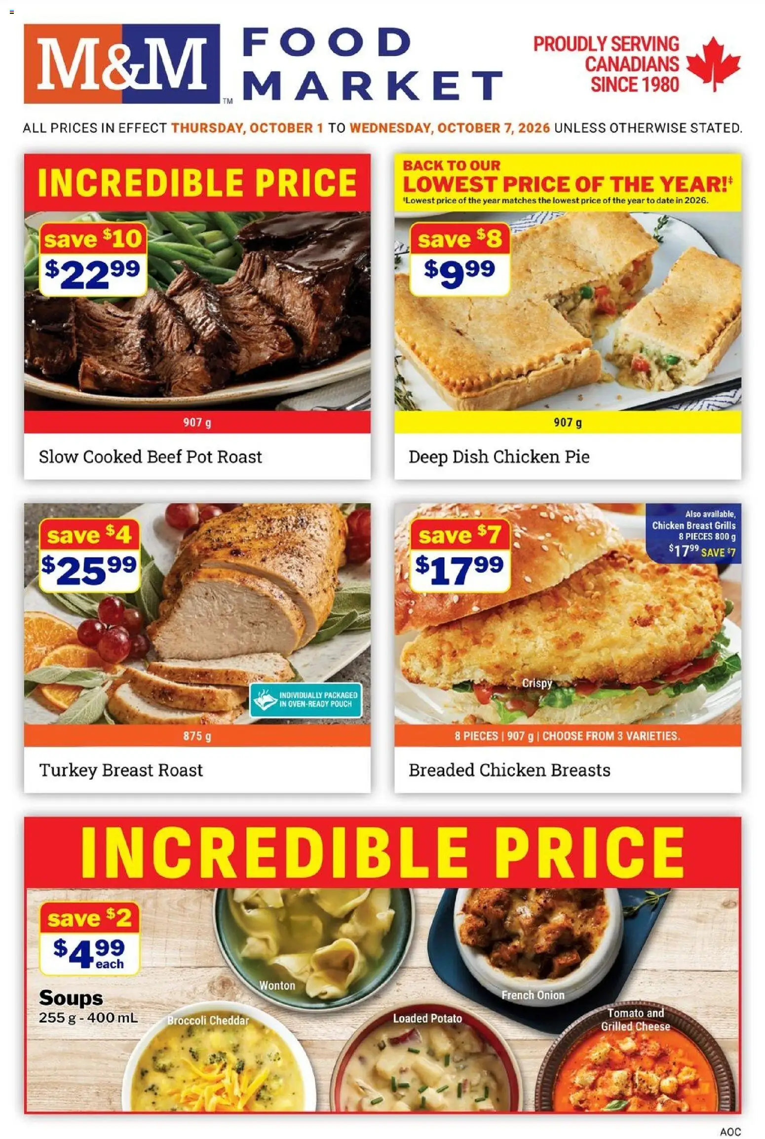 M&M Food Market flyer valid from Oct 1, 2026 | Page: 1 | Products: Grilled cheese, Beef, Tomato, Chicken