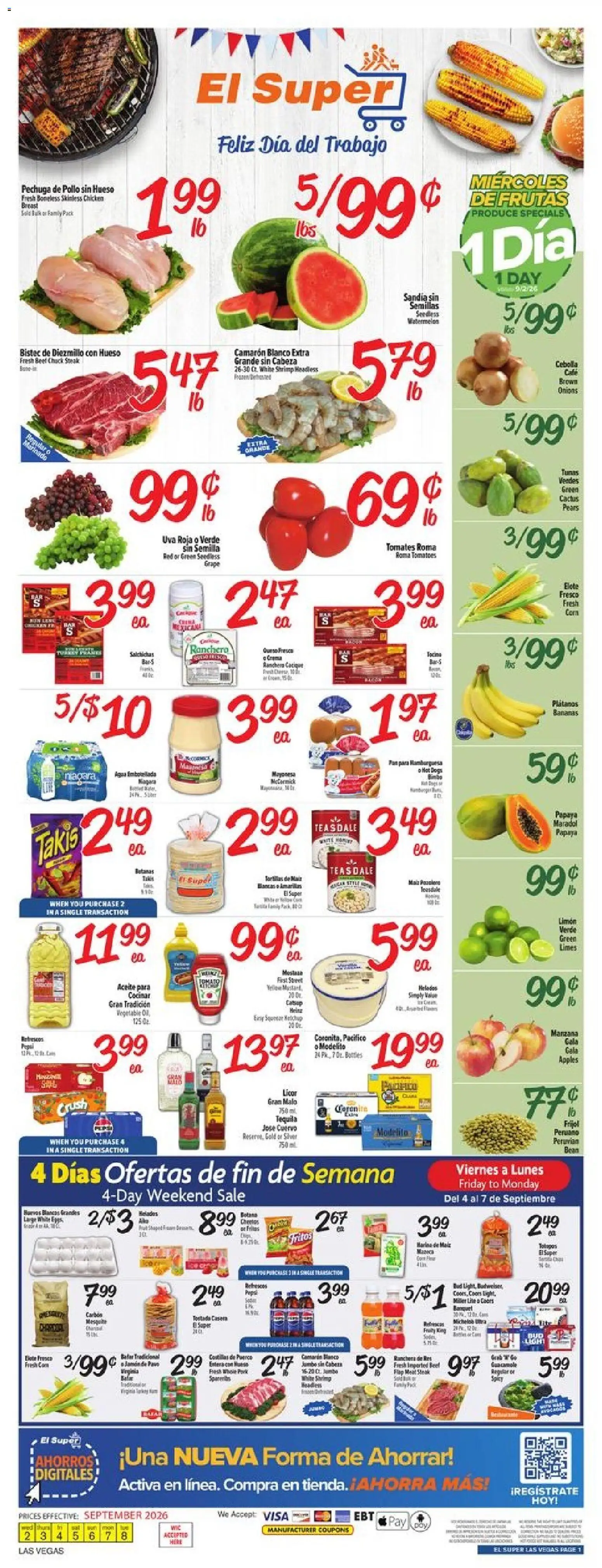 El Super Weekly Ad - NV - valid from 09/02/2026 | Page: 1 | Products: Shrimp, Chicken, Watermelon, Pears