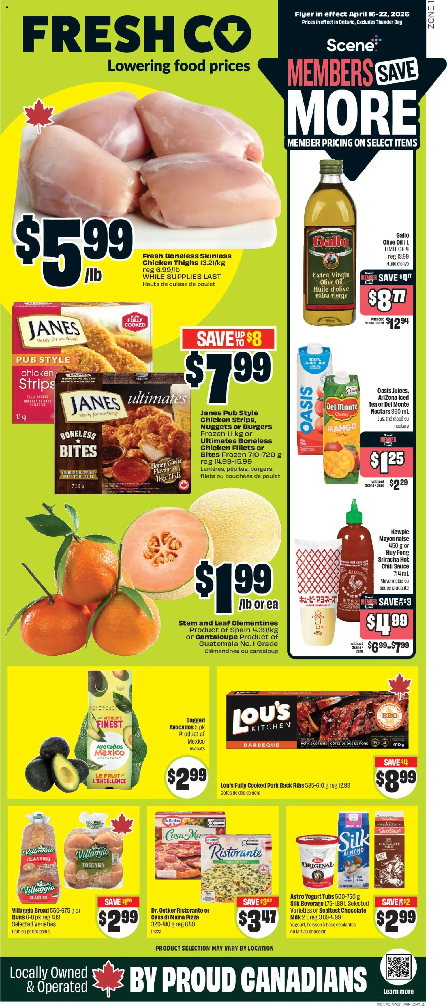FreshCo flyer valid from 16.04.2026 | Page: 1 | Products: Milk, Chocolate, Pizza, Chicken