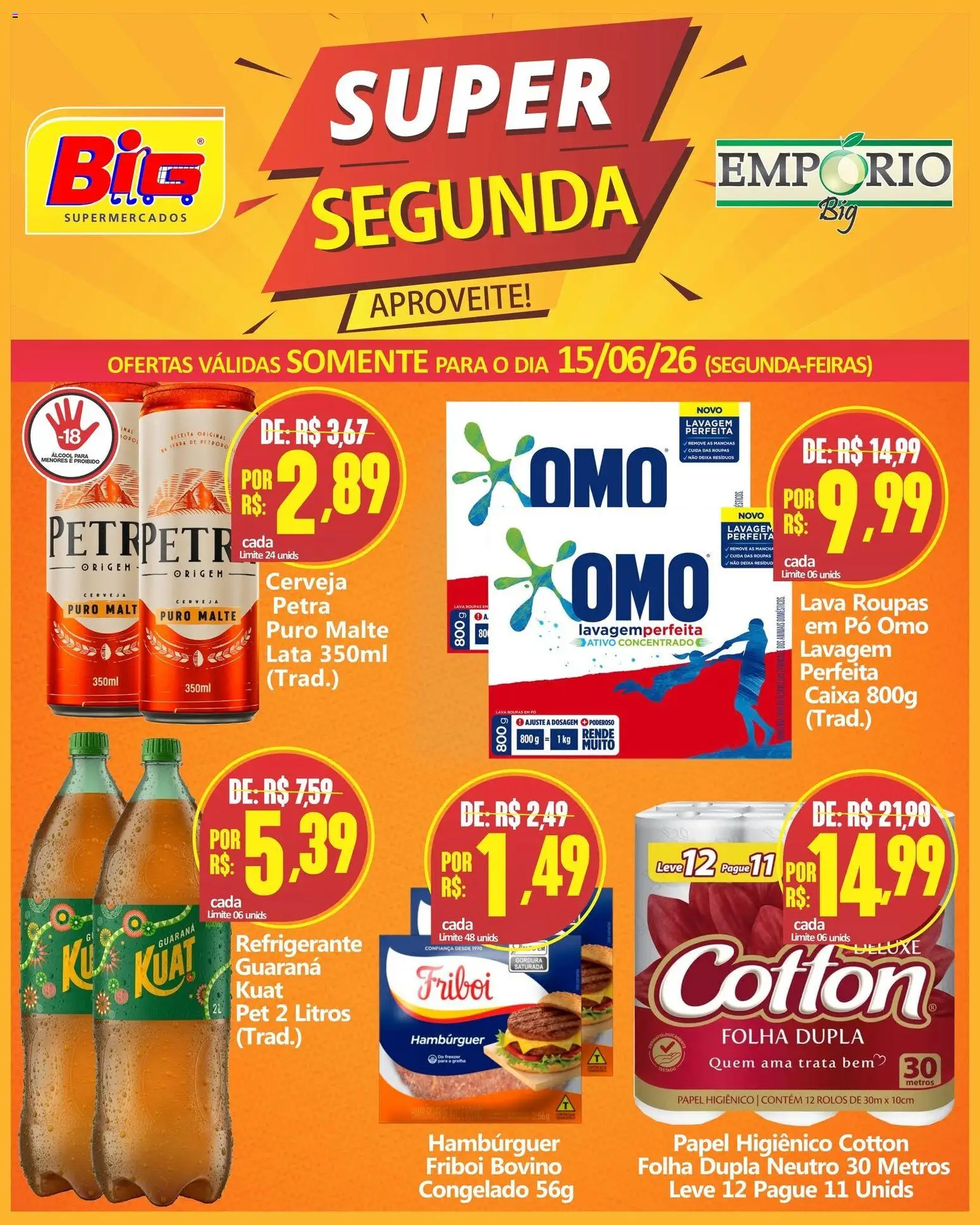 Big Supermercados Folheto - válido de 15.06.2026 | Página: 1 | Produtos: Caixa, Cerveja, Roupas, Hambúrguer