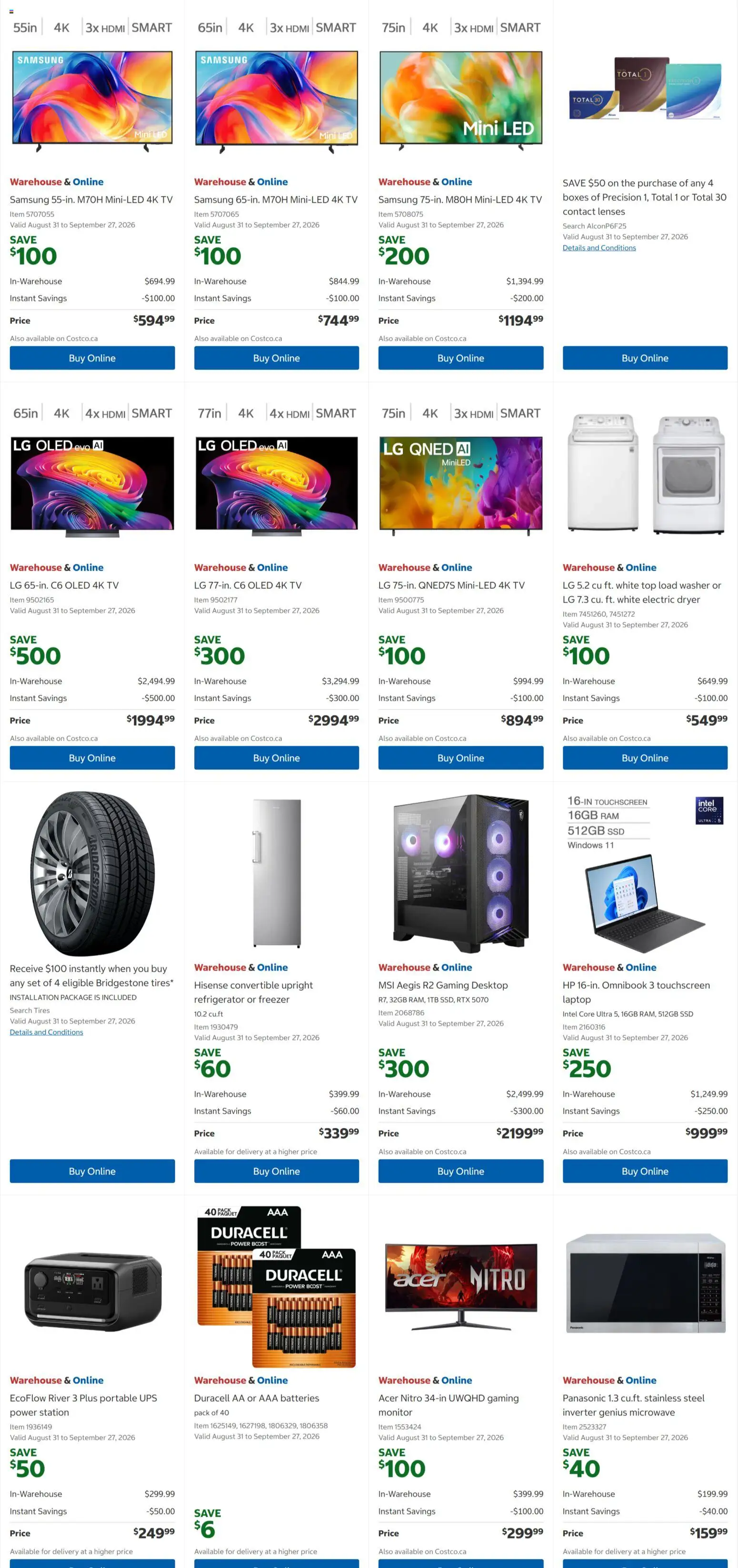 Costco flyer valid from Aug 31, 2026 | Page: 3 | Products: Contact lenses, Refrigerator, Freezer, Batteries
