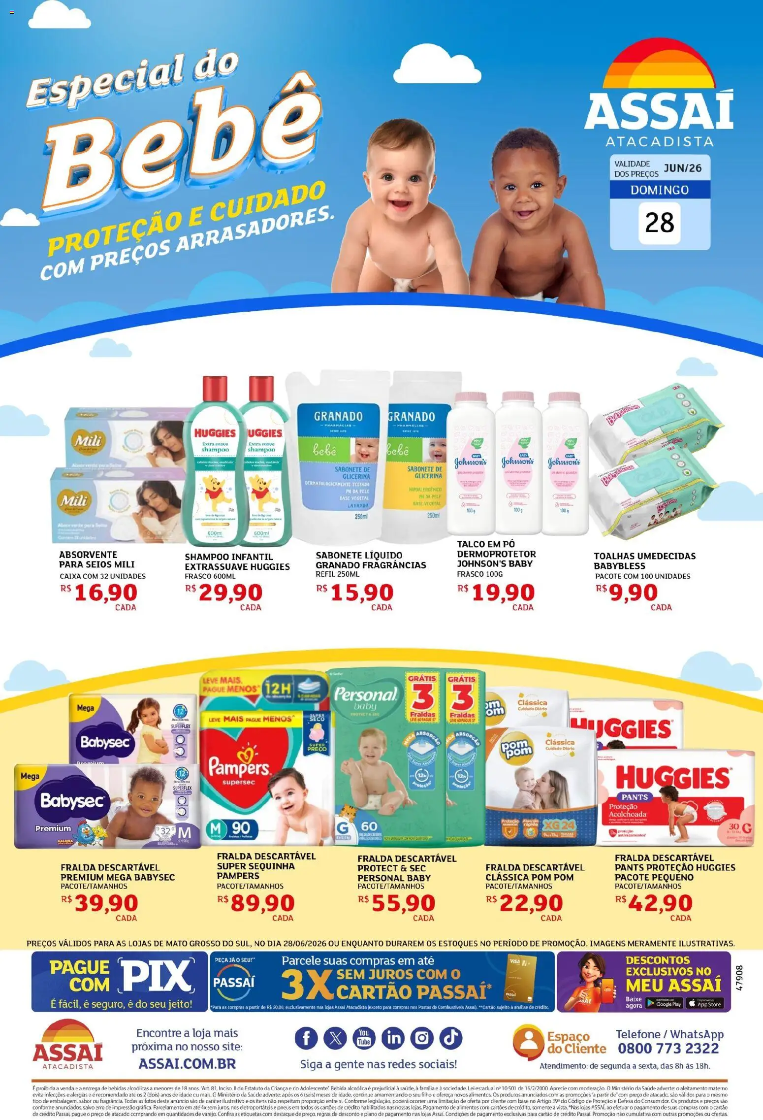 Assaí Atacadista Folheto - válido de 28/06/2026 | Página: 1 | Produtos: Pampers, Caixa, Base, Telefone
