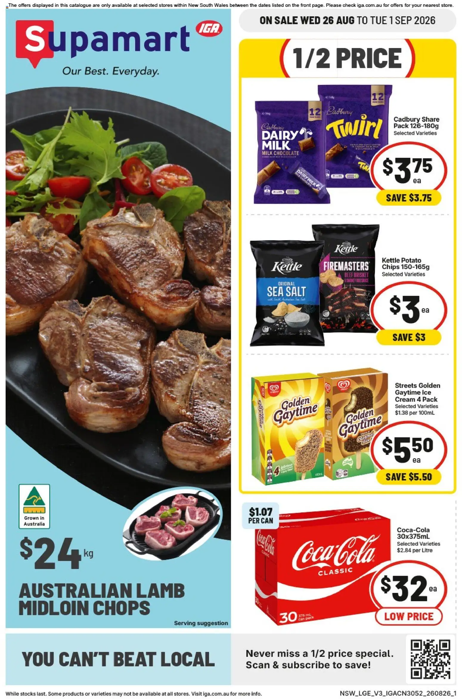 IGA catalogue - valid from 26/08/2026 | Page: 1 | Products: Chocolate, Lamb, Chips, Kettle
