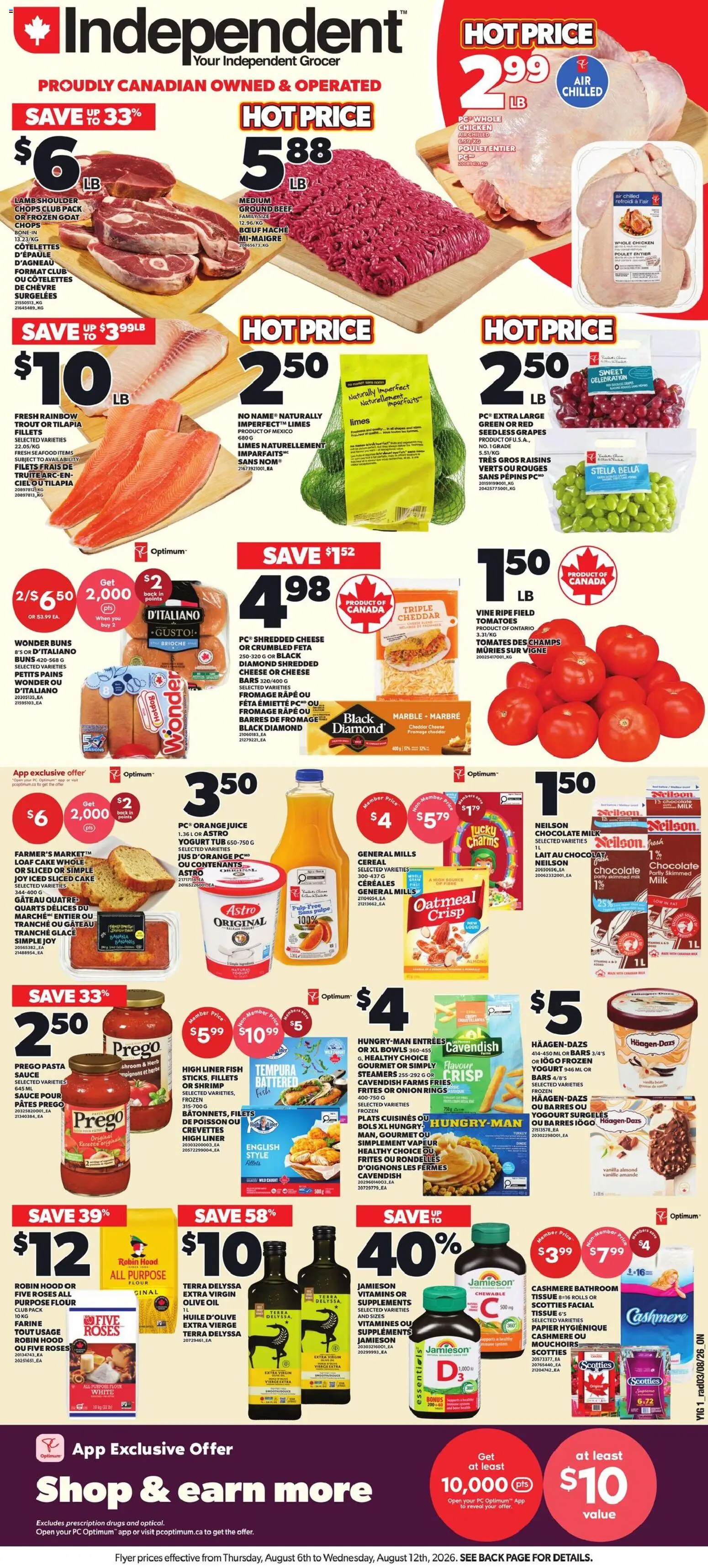 Independent Grocer flyer valid from Aug 6, 2026 | Page: 1 | Products: Pasta, PC, Yogurt, Chicken