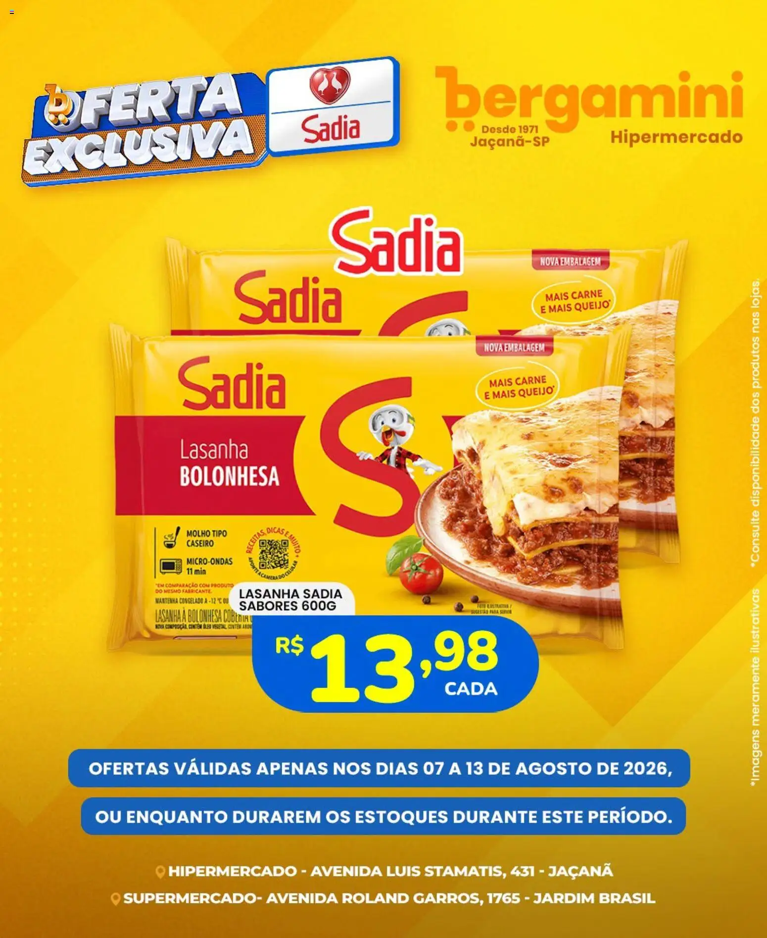 Supermercado Bergamini Folheto - válido de 07/08/2026 | Página: 1 | Produtos: Óleo, Microondas, Carne, Lasanha
