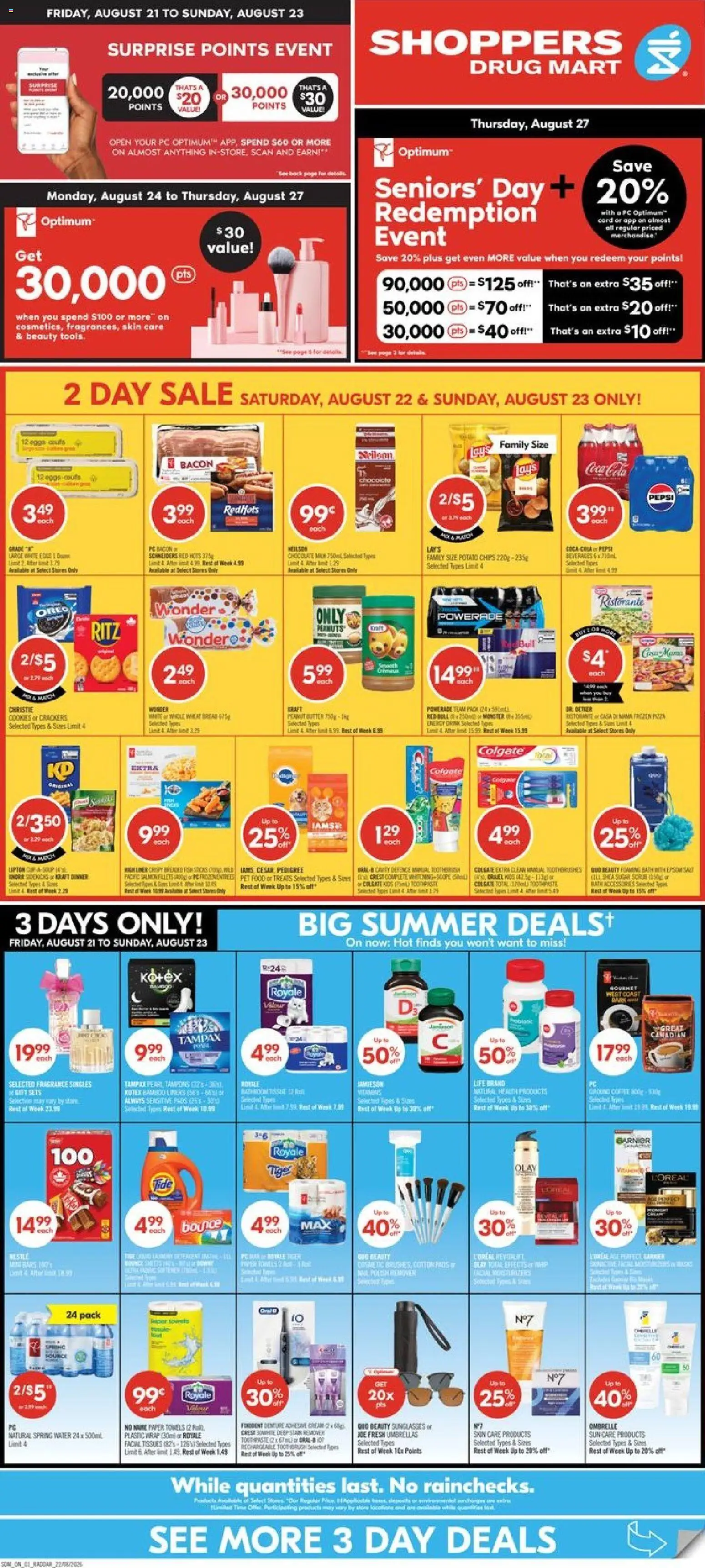 Shoppers flyer valid from Aug 22, 2026 | Page: 1 | Products: Water, Crackers, Towels, Chocolate