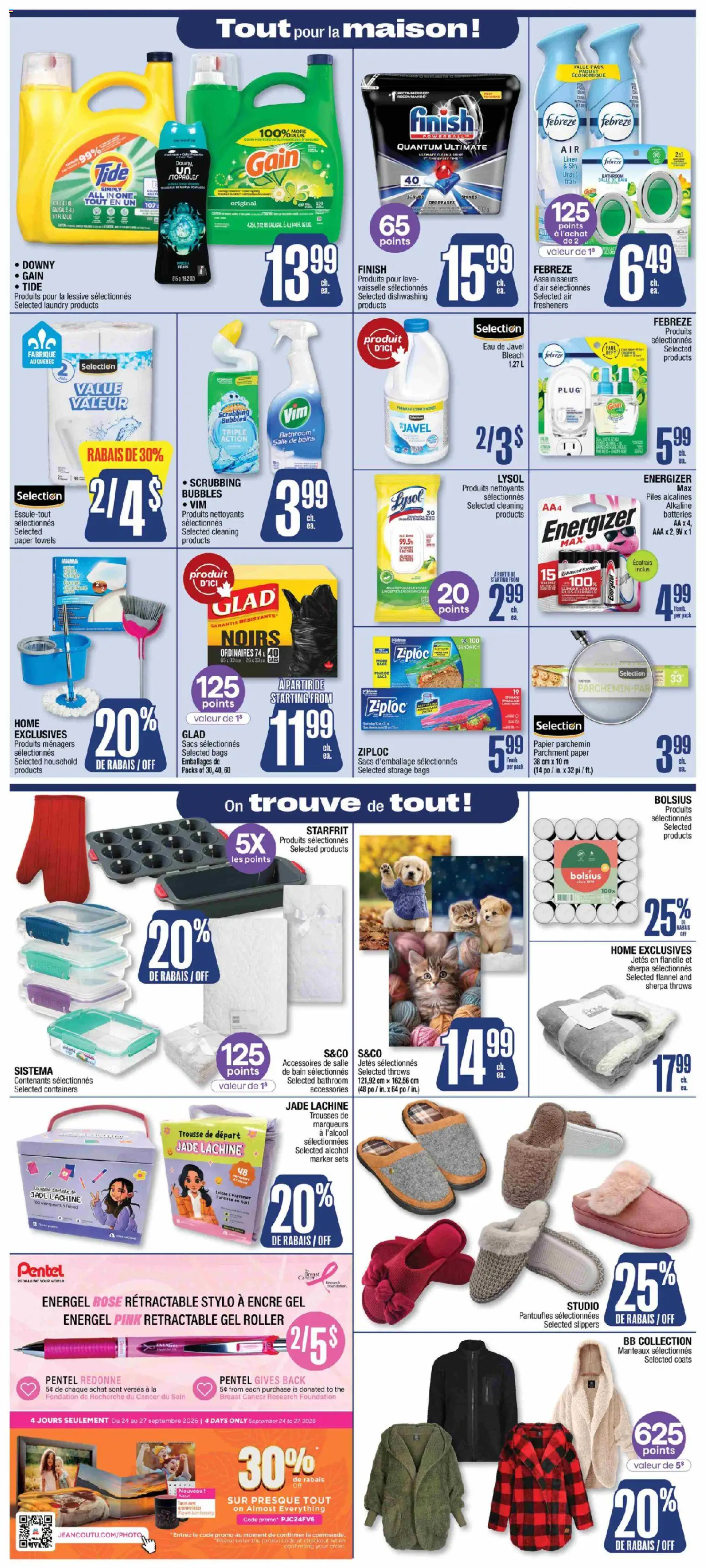 Jean Coutu flyer valid from Sep 24, 2026 | Page: 7 | Products: Slippers, Paper towels, Towels, Batteries
