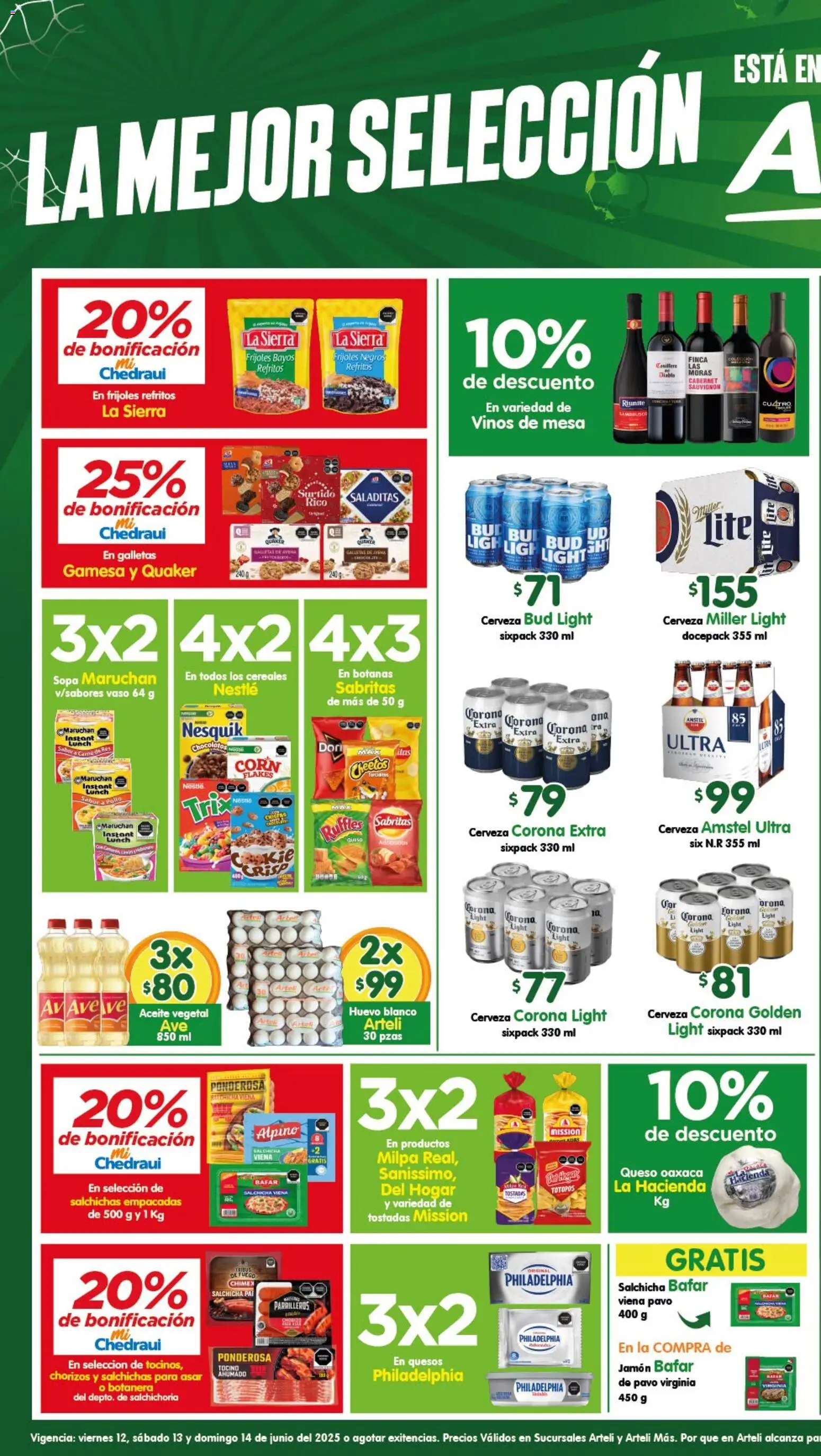 Nuevas ofertas de Arteli válidas en toda la República Mexicana desde el 12.06.2026. ¡Encuentra las mejores ofertas en Arteli folleto! | Página: 1 | Productos: Salchicha, Queso, Cerveza, Galletas