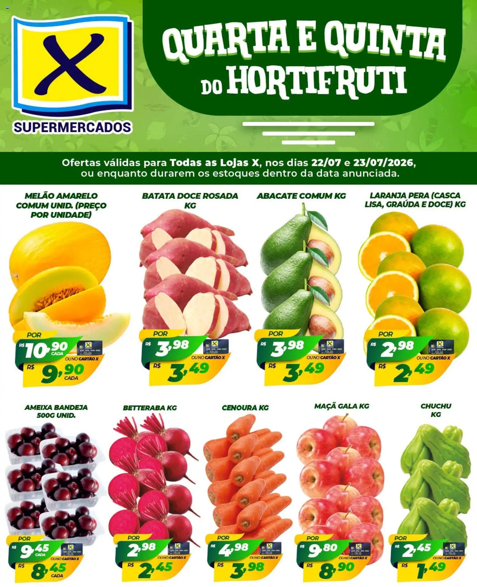 X Supermercados Folheto - válido de 22/07/2026 | Página: 1 | Produtos: Pera, Chuchu, Batata, Ameixa