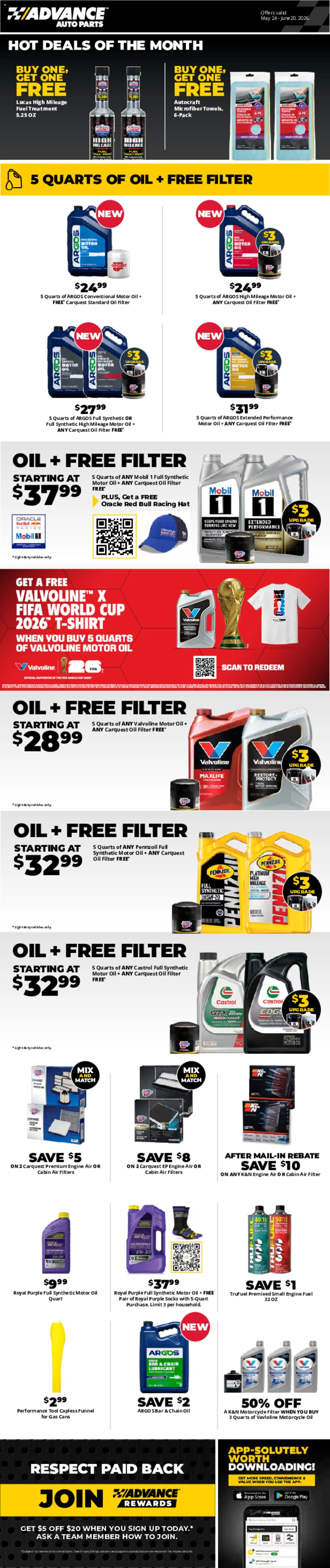 Advance Auto Parts Weekly Ad - valid from 24.05.2026 | Page: 1 | Products: Oil, Cabin Air Filter, Socks, Hat