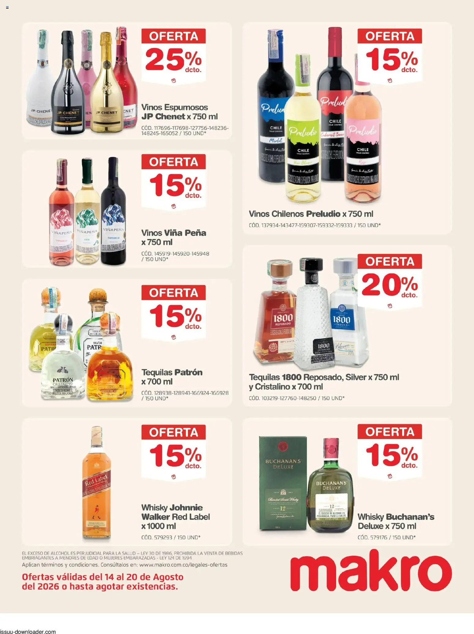 Makro revista - valida desde el 14/08/2026 | Página: 20 | Productos: Bebidas, Whisky, Tequila, Alcohol