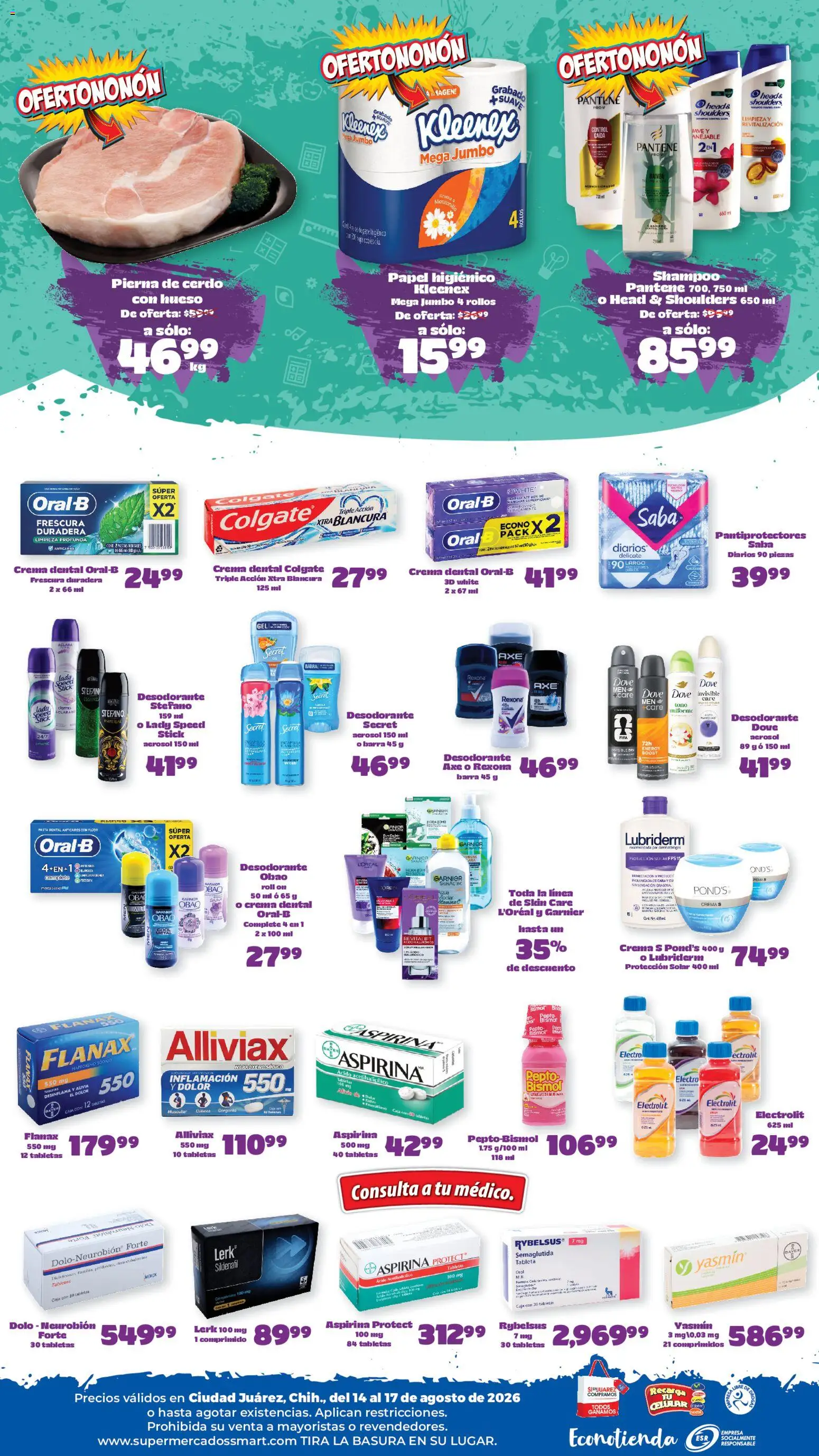 Nuevas ofertas de S-Mart válidas en toda la República Mexicana desde el 14/08/2026. ¡Encuentra las mejores ofertas en S-Mart folleto Ofertas de feria Juárez! | Página: 2 | Productos: Cerdo, Shampoo, Pierna de cerdo, Tableta