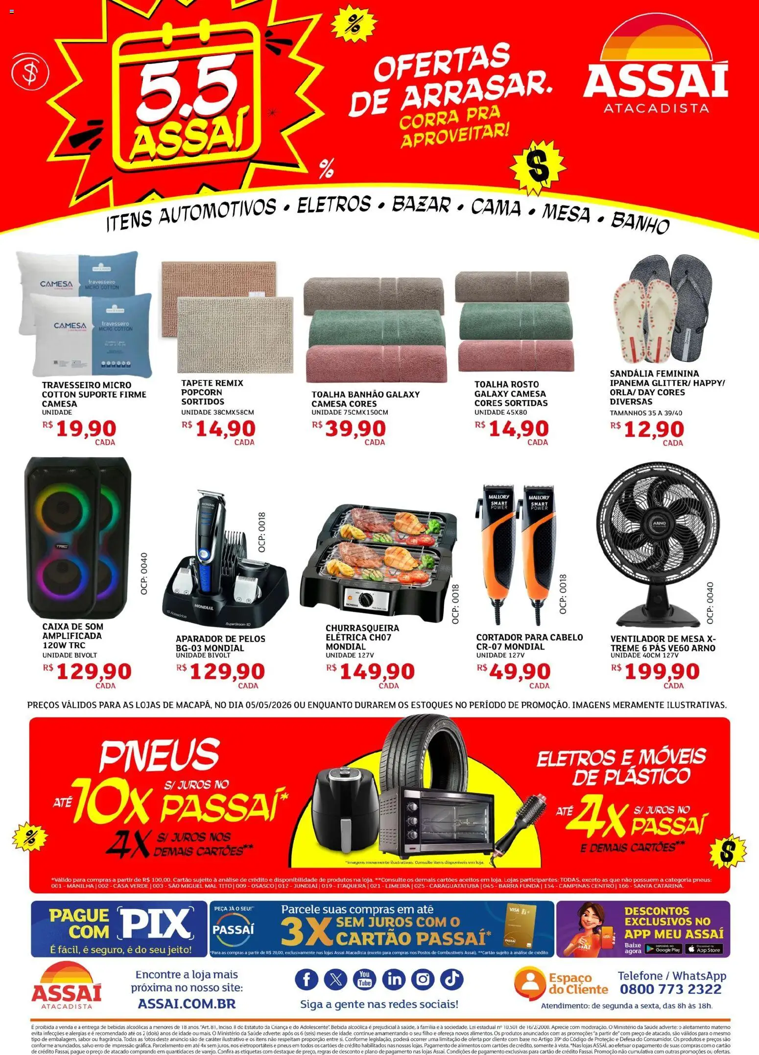 Assaí Atacadista Folheto - válido de 05.05.2026 | Página: 1 | Produtos: Caixa de som, Ventilador de mesa, Travesseiro, Telefone