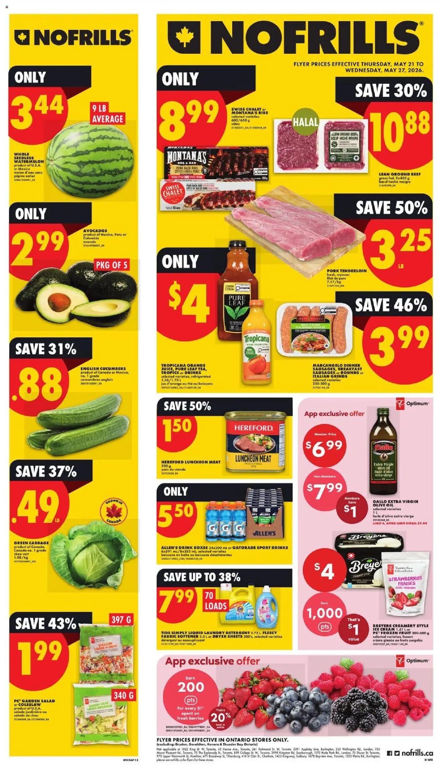 No Frills flyer valid from 21.05.2026 | Page: 1 | Products: Strawberries, Ice cream, Salad, Juice