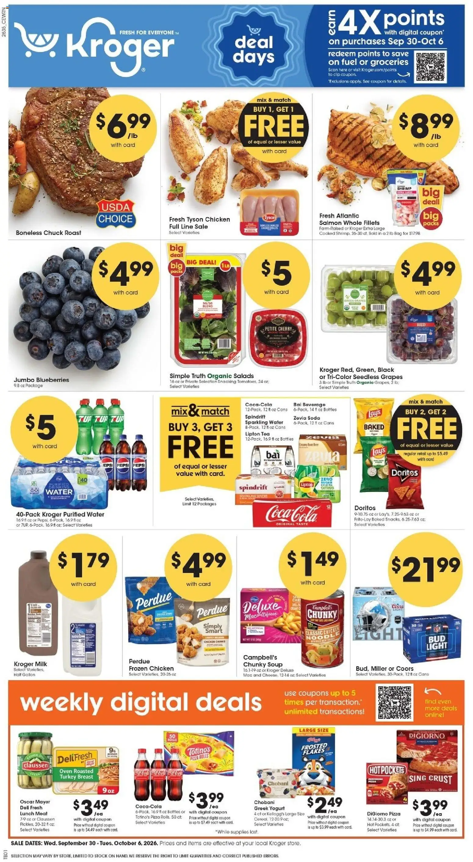 Kroger Weekly Ad - valid from 09/30/2026 | Page: 1 | Products: Clip, Water, Sugar, Salmon