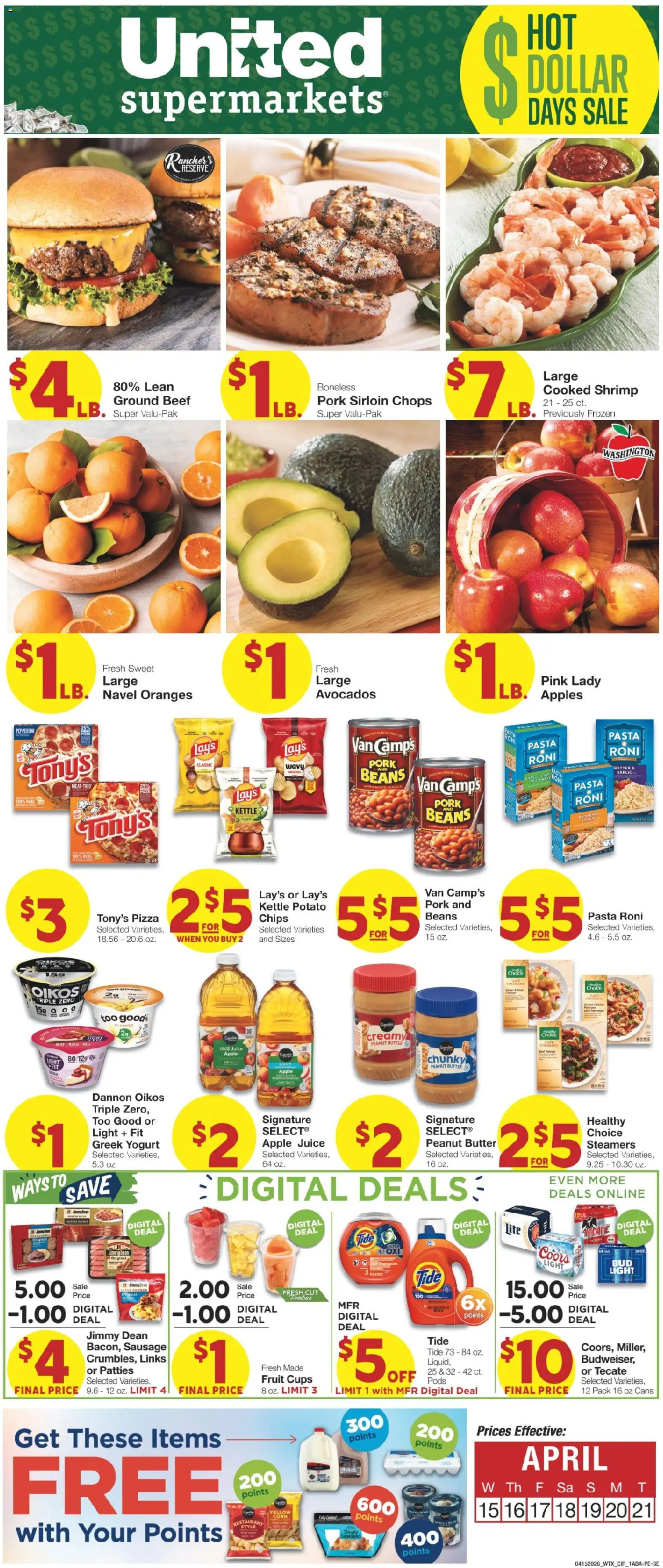 United Supermarkets Weekly Ad - valid from 15.04.2026 | Page: 1 | Products: Apples, Oranges, Chips, Sausage