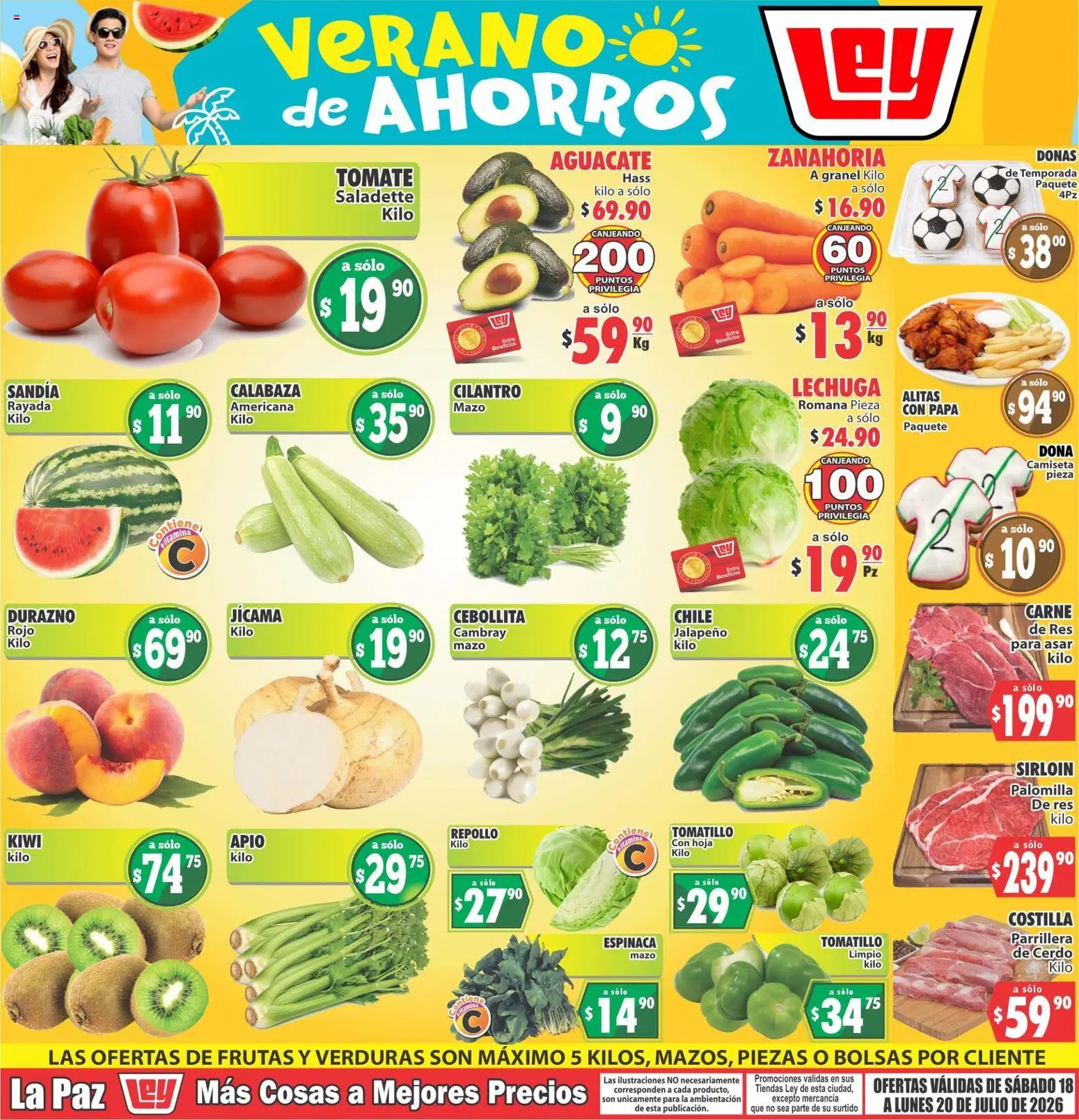 Nuevas ofertas de Casa Ley válidas en toda la República Mexicana desde el 18/07/2026. ¡Encuentra las mejores ofertas en Casa Ley folleto Las ofertas de frutas y verdunas La Paz! | Página: 1 | Productos: Durazno, Apio, Res, Camiseta