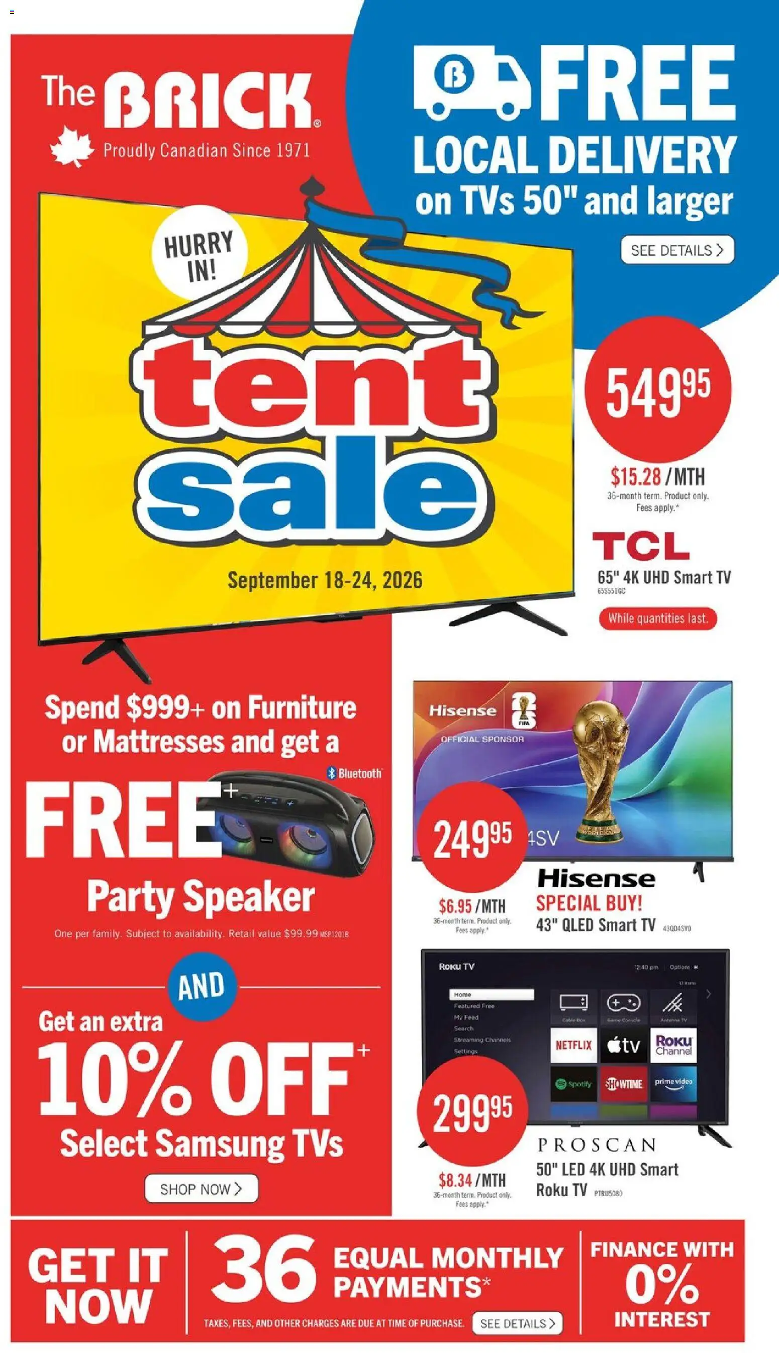 The Brick flyer valid from Sep 18, 2026 | Page: 1 | Products: Tv, Video, Speaker, Mattresses