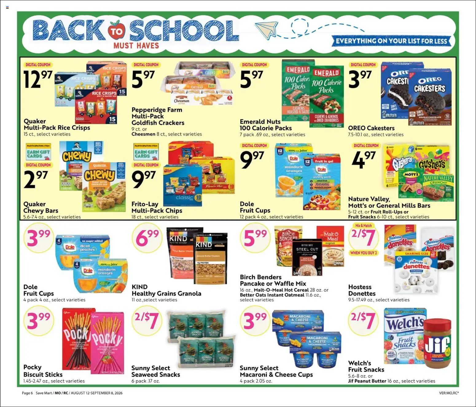 Save Mart Big Book of Savings - valid from 08/12/2026 | Page: 6 | Products: Crackers, Peaches, Cheese, Fruit