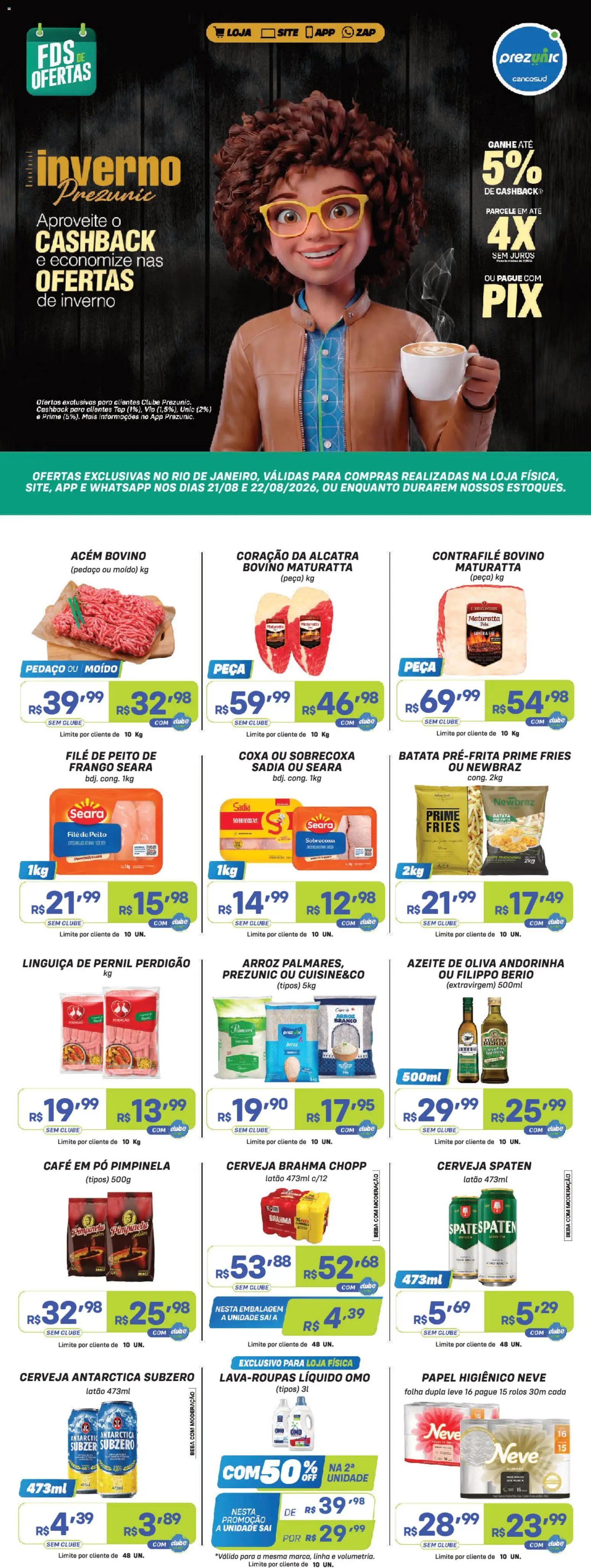 Prezunic Folheto - válido de 21/08/2026 | Página: 1 | Produtos: Linguiça, Cerveja, Arroz, Azeite de oliva