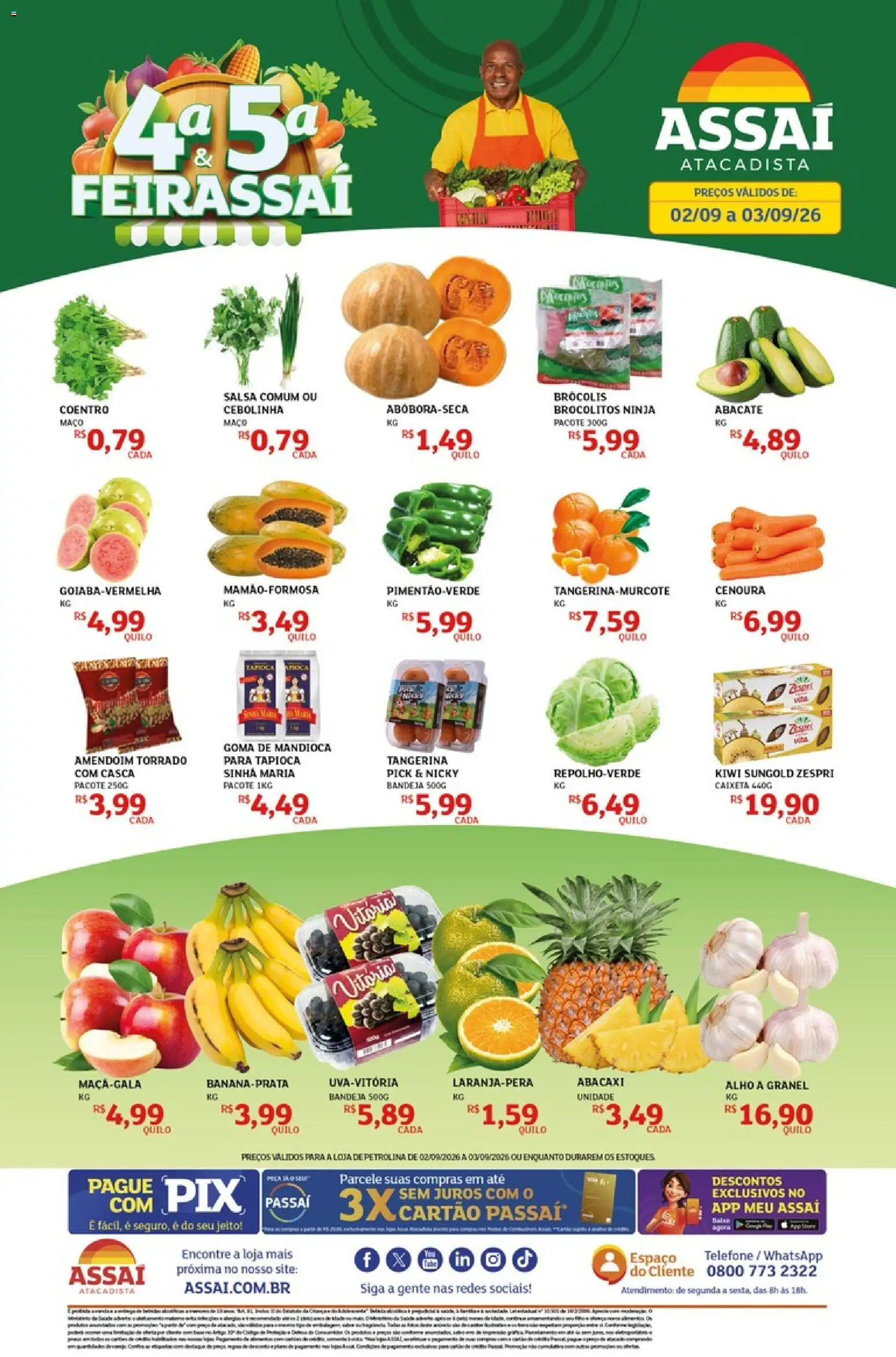 Assaí Atacadista Folheto - válido de 02/09/2026 | Página: 1 | Produtos: Mandioca, Abacate, Kiwi, Telefone