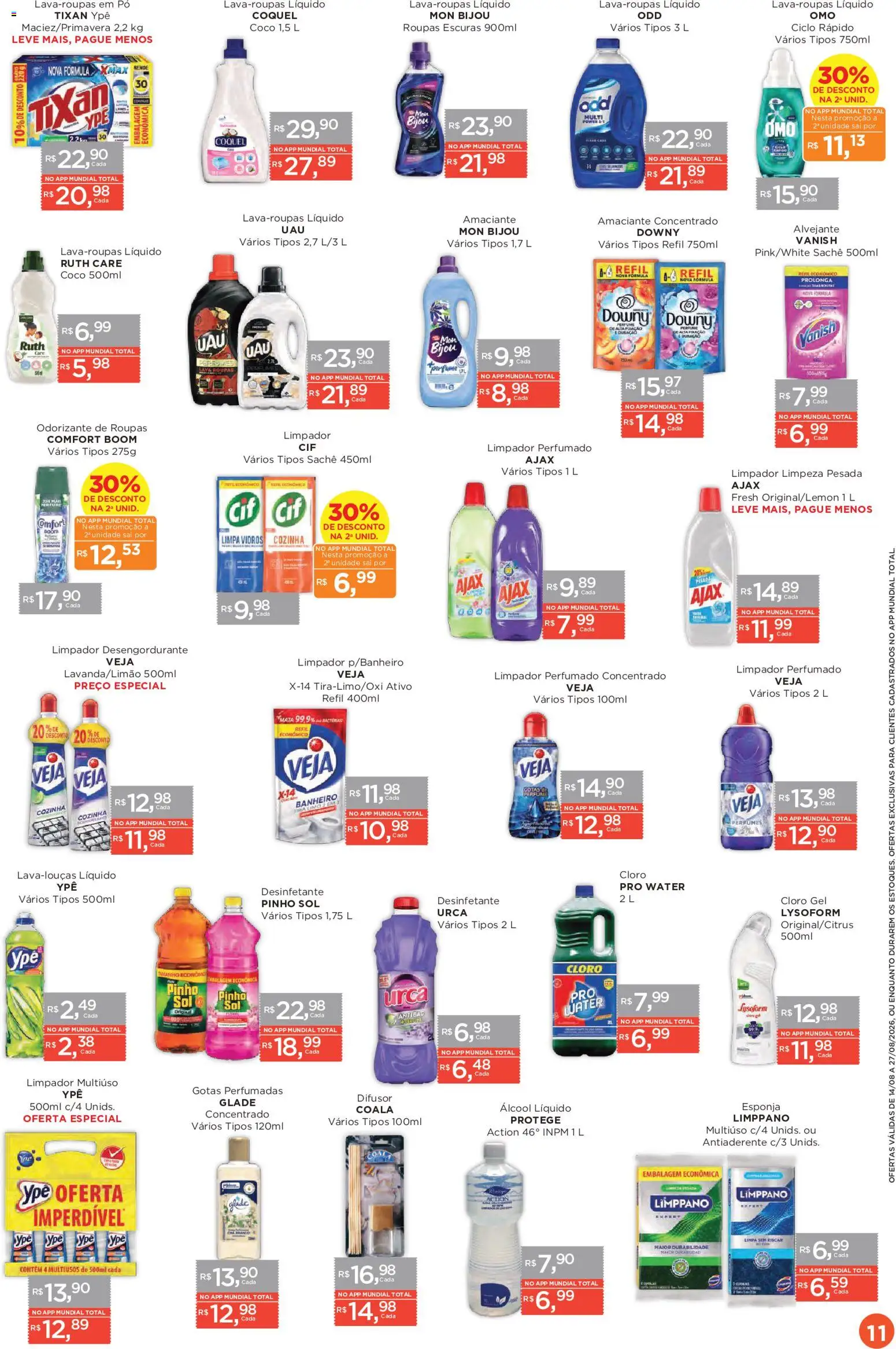 Mundial Folheto - válido de 14/08/2026 | Página: 11 | Produtos: Álcool, Desengordurante, Perfumes, Desinfetante