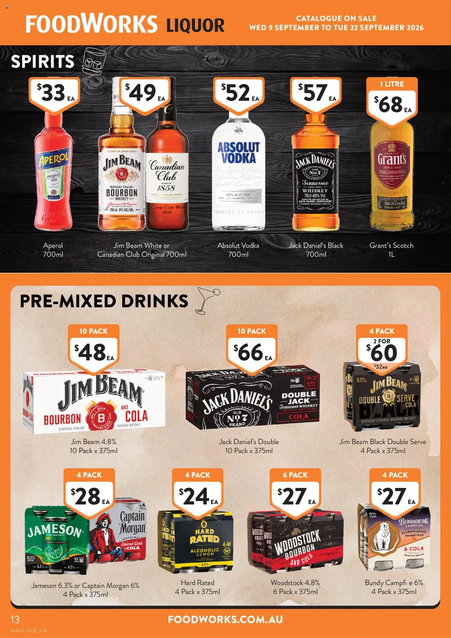 Foodworks catalogue - valid from 09/09/2026 | Page: 13 | Products: Absolut Vodka, Rum, Captain Morgan, Scotch