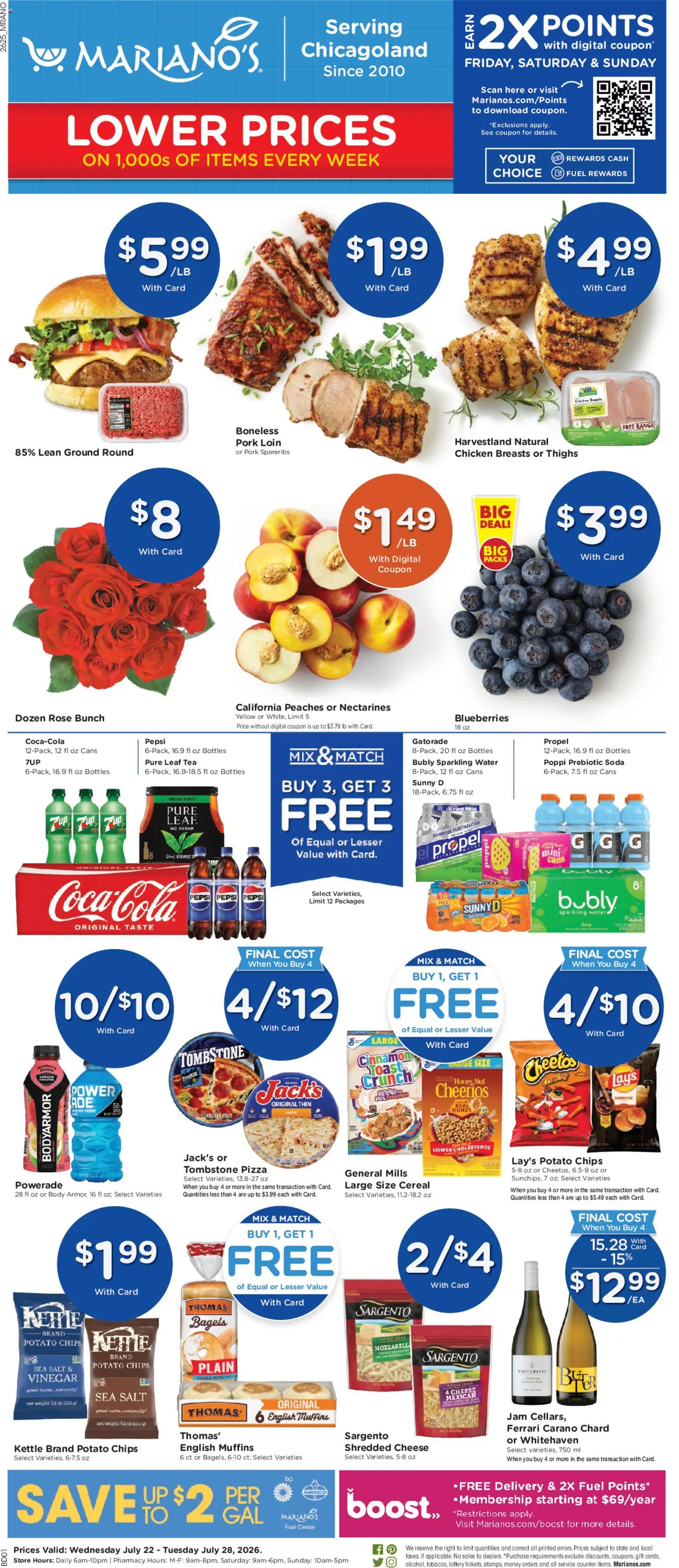 Mariano's Weekly Ad - valid from 07/22/2026 | Page: 1 | Products: Peaches, Chard, Salt, Blueberries