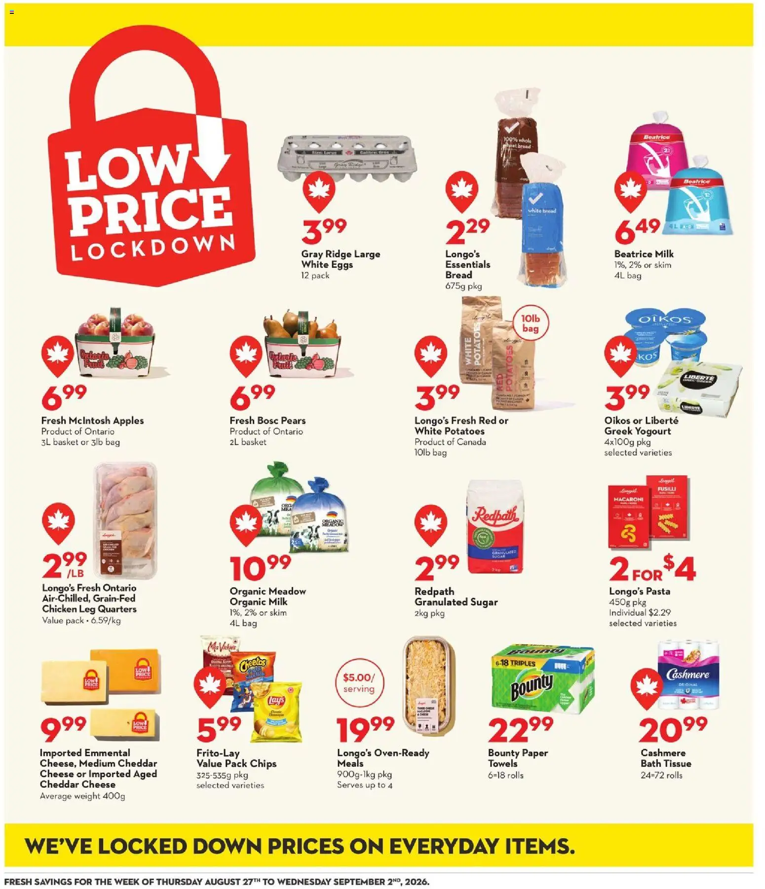 Longo's flyer valid from Aug 27, 2026 | Page: 14 | Products: Chips, Cheddar, Basket, Bread