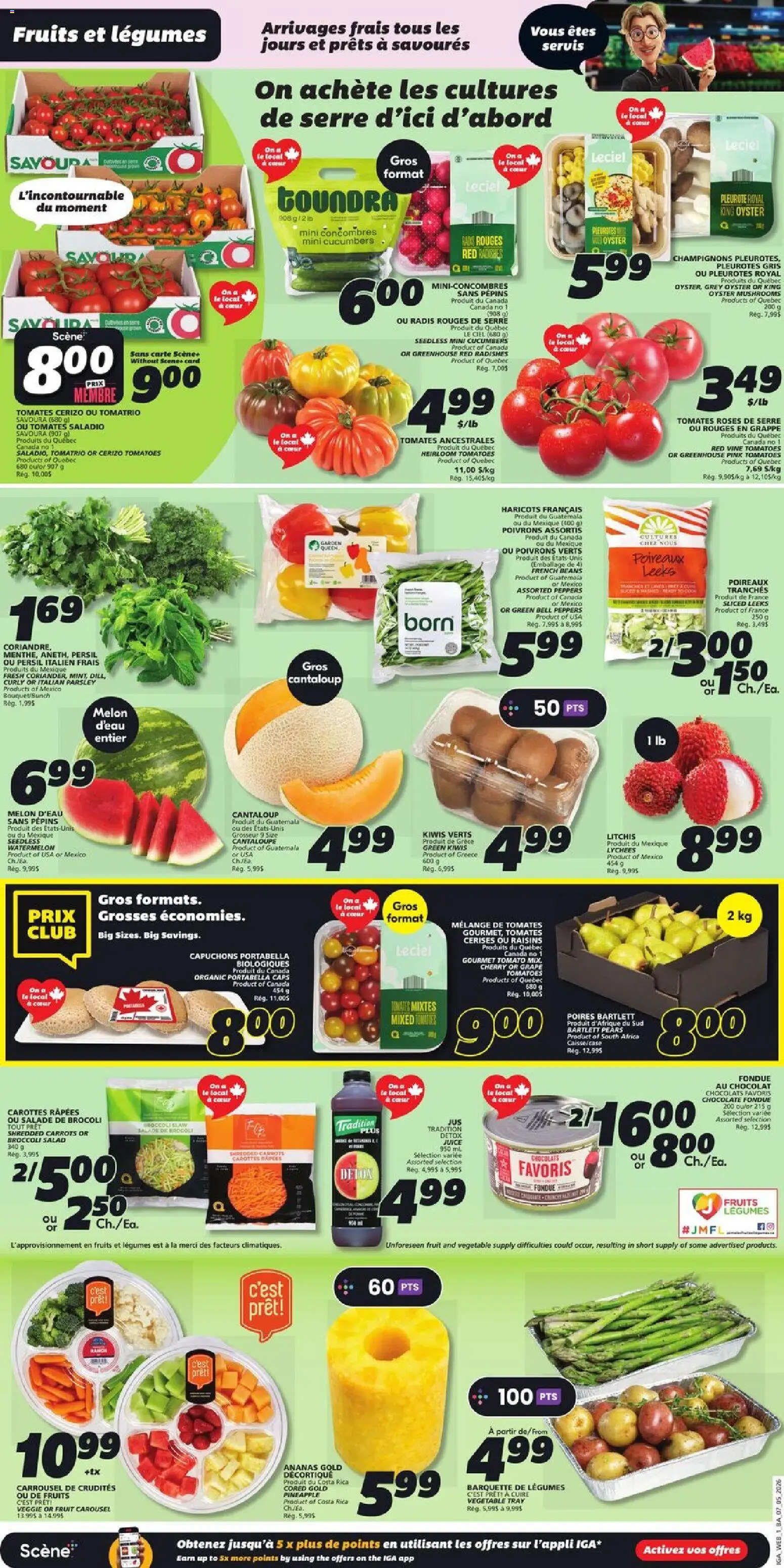 IGA flyer valid from 07.05.2026 | Page: 3 | Products: Pineapple, Cucumbers, Chocolate, Tomatoes