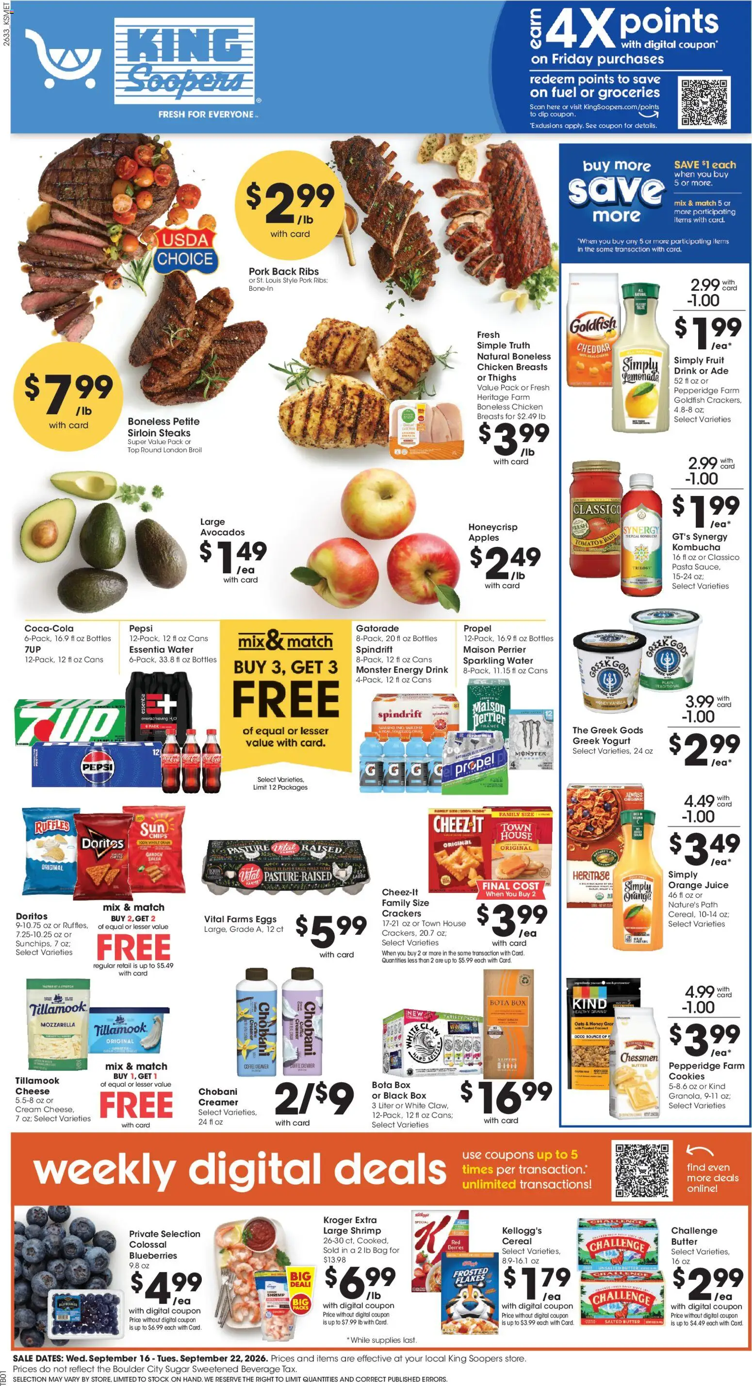 King Soopers Weekly Ad - valid from 09/16/2026 | Page: 1 | Products: Sugar, Cereal, Mozzarella, Lemonade