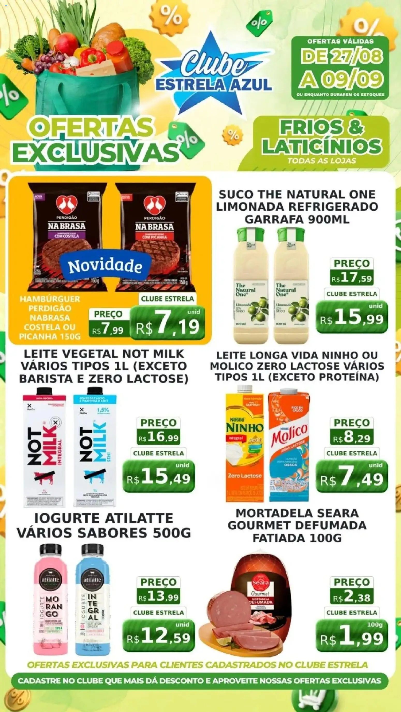 Estrela Azul Folheto - válido de 27/08/2026 | Página: 1 | Produtos: Leite longa vida, Leite, Suco, Mortadela