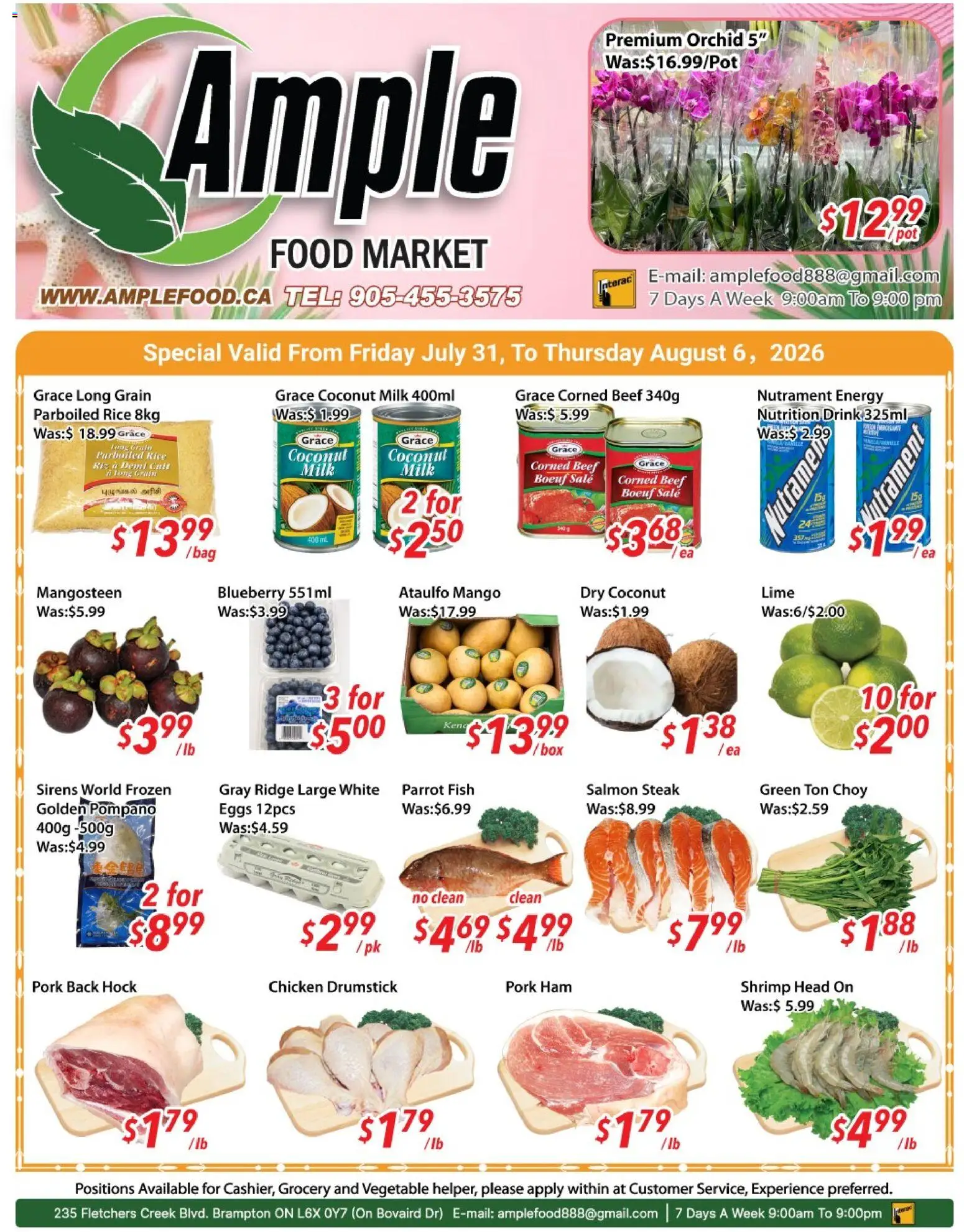 Ample Food Market flyer valid from Jul 31, 2026 | Page: 1 | Products: Fish, Beef, Eggs, Chicken