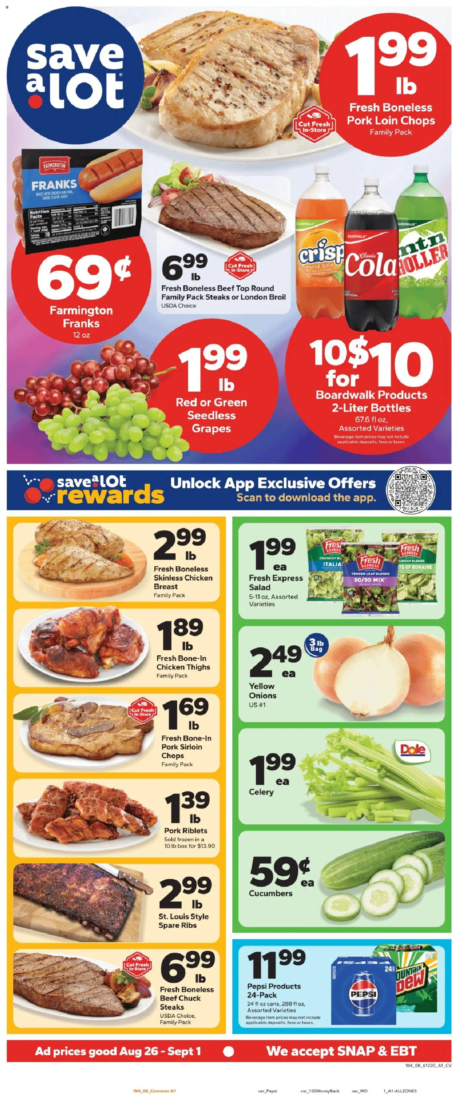 Save a Lot Weekly Ad - valid from 08/26/2026 | Page: 1 | Products: Romaine, Pork loin, Beef, Beef chuck