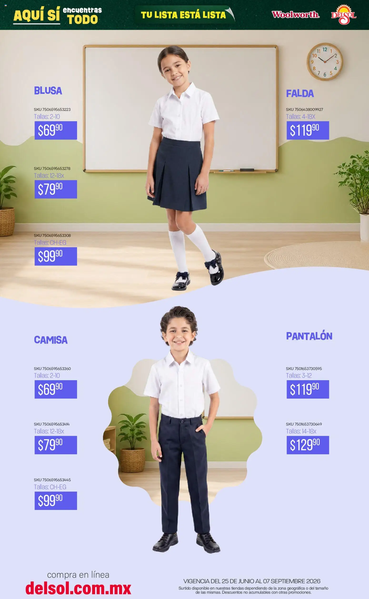 Nuevas ofertas de Del Sol y Woolworth válidas en toda la República Mexicana desde el 25/06/2026. ¡Encuentra las mejores ofertas en Del Sol y Woolworth catálogo Back To School! | Página: 61 | Productos: Blusa, Camisa, Falda