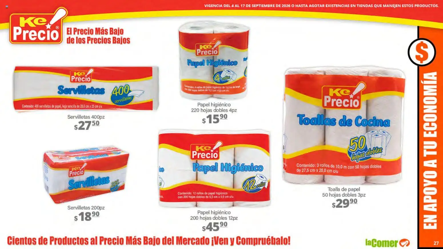 Nuevas ofertas de La Comer válidas en toda la República Mexicana desde el 04/09/2026. ¡Encuentra las mejores ofertas en La Comer folleto! | Página: 27 | Productos: Papel higiénico, Cocina, Toallas, Servilletas