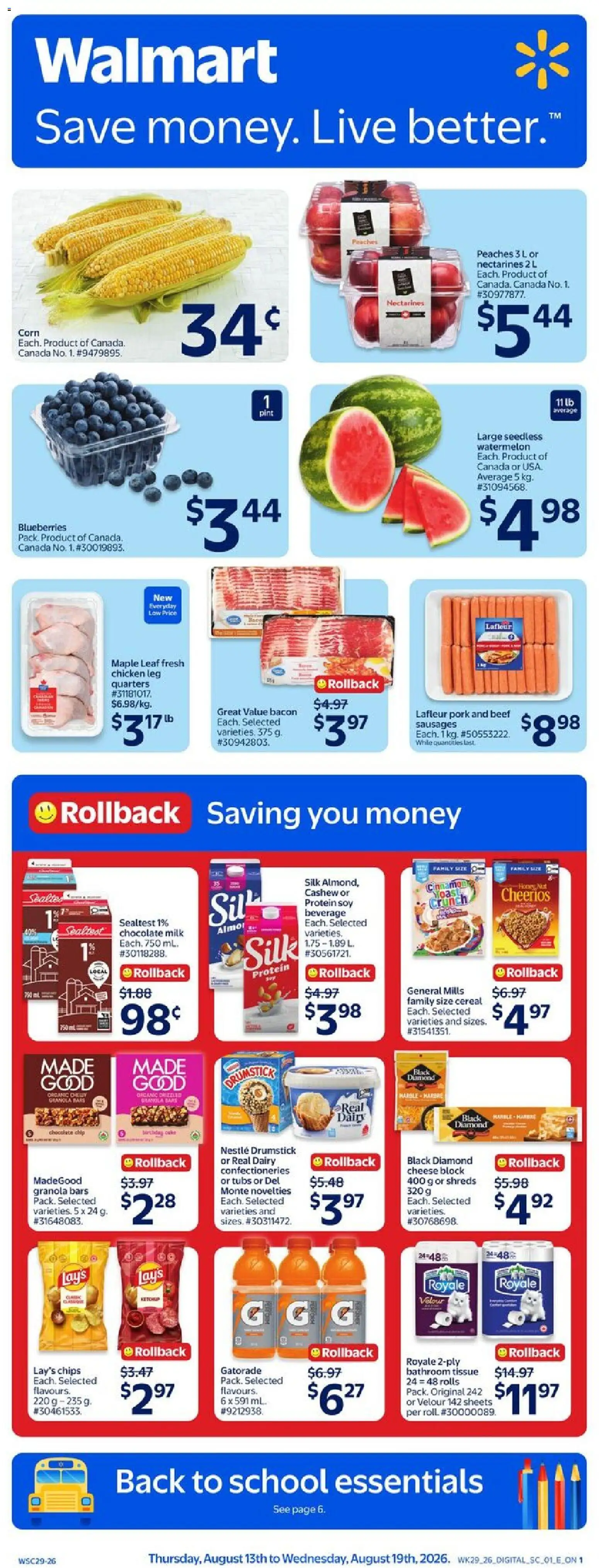 Walmart flyer valid from Aug 13, 2026 | Page: 1 | Products: Peaches, Corn, Watermelon, Pork