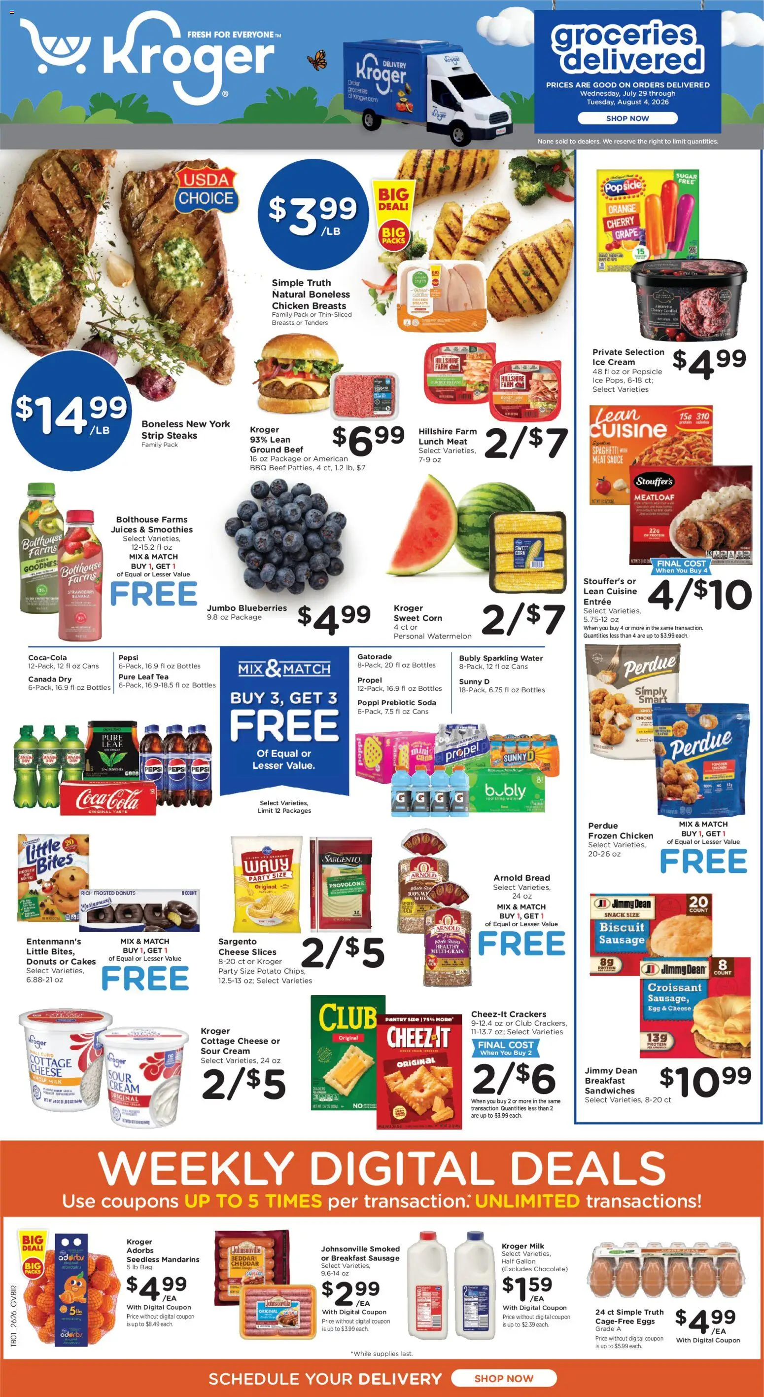 Kroger Ad - valid from 07/29/2026 | Page: 1 | Products: Corn, Mandarins, Sour cream, Water