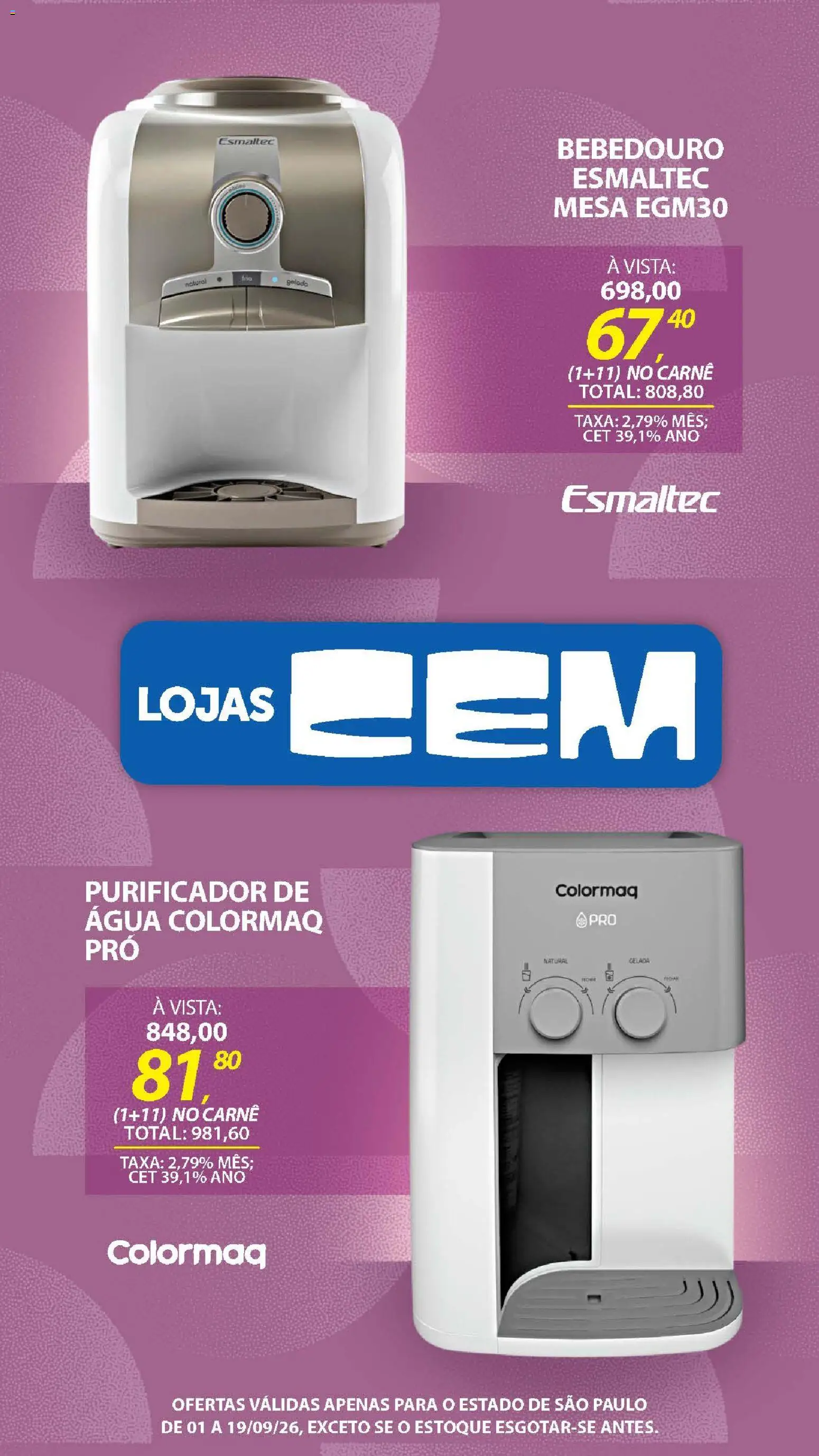 Lojas Cem Folheto - válido de 01/09/2026 | Página: 44 | Produtos: Bebedouro, Purificador, Carne, Água