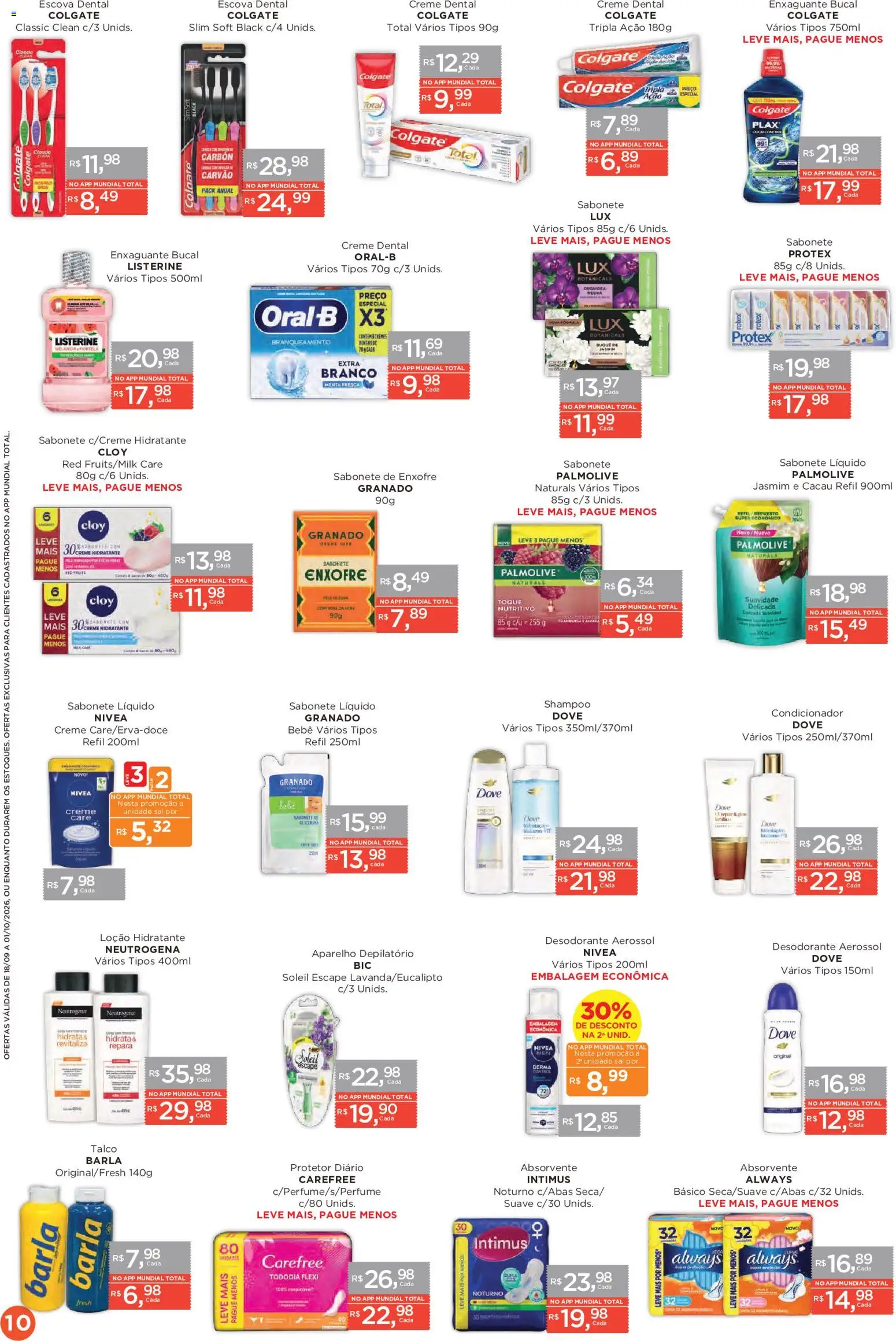 Mundial Folheto - válido de 18/09/2026 | Página: 10 | Produtos: Shampoo, Talco, Listerine, Absorvente