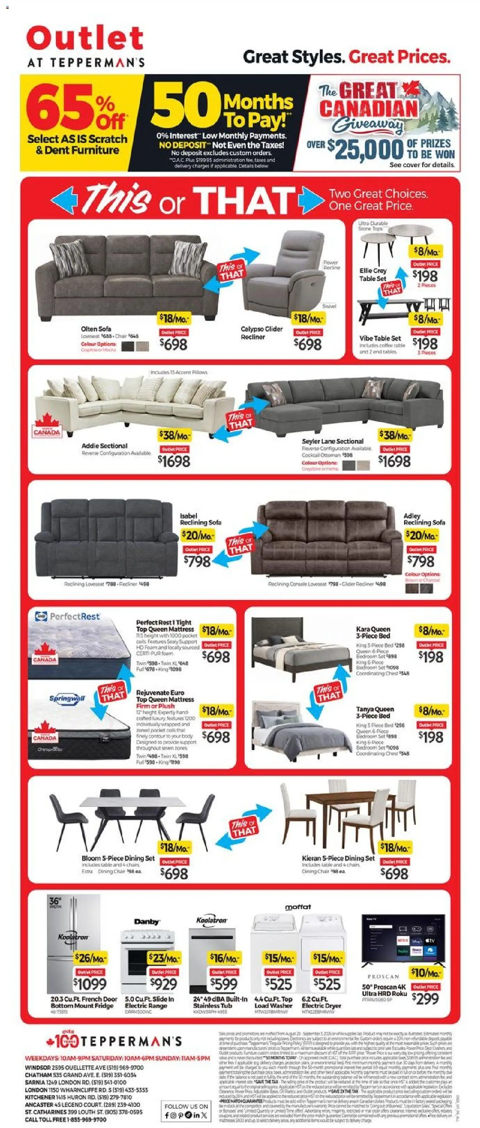Tepperman's flyer valid from Aug 28, 2026 | Page: 1 | Products: Dining set, Bed, Table, Cider
