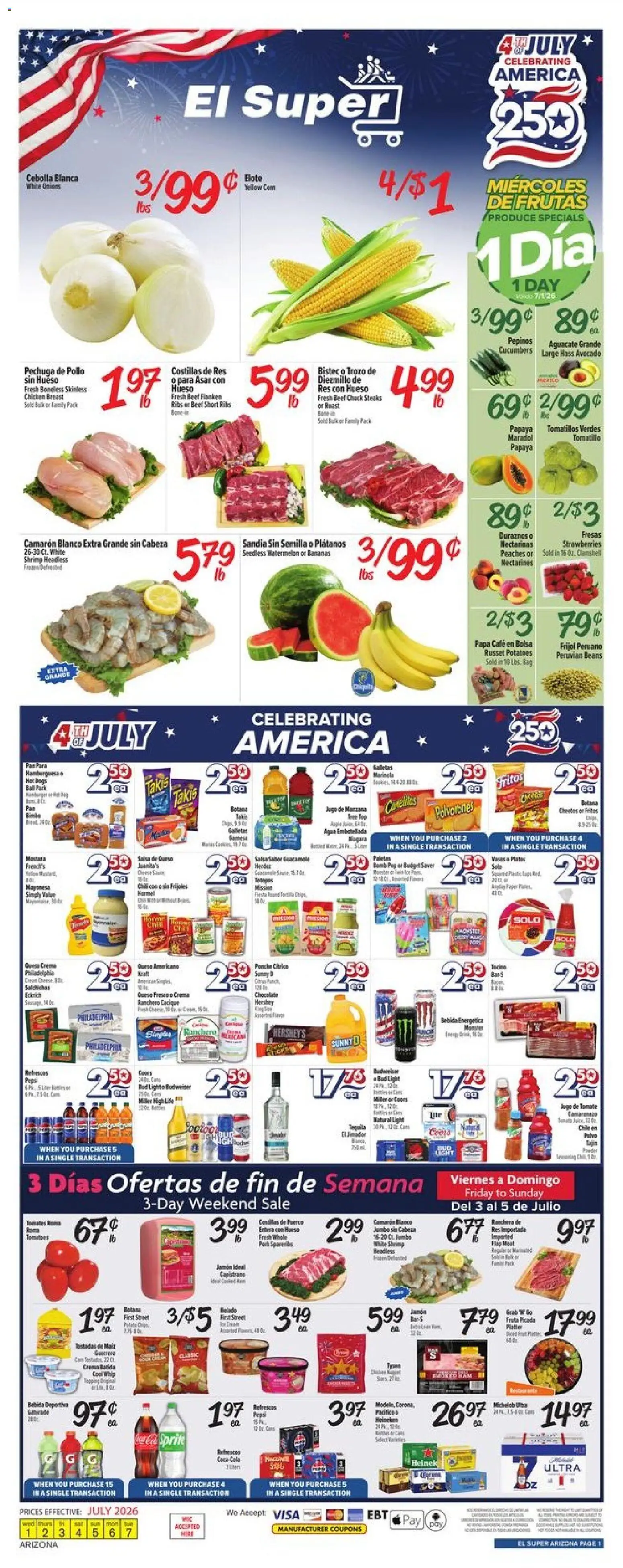 El Super Weekly Ad - AK - valid from 07/01/2026 | Page: 1 | Products: Peaches, Bananas, Beef, Hot Dogs